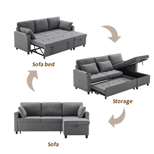 Sofa Bed,L-Shaped Corner Sofa,3 Seater Pull out Sofa with Storage,Convertible Settee Sectional Sofa for Living Room,Office,Grey