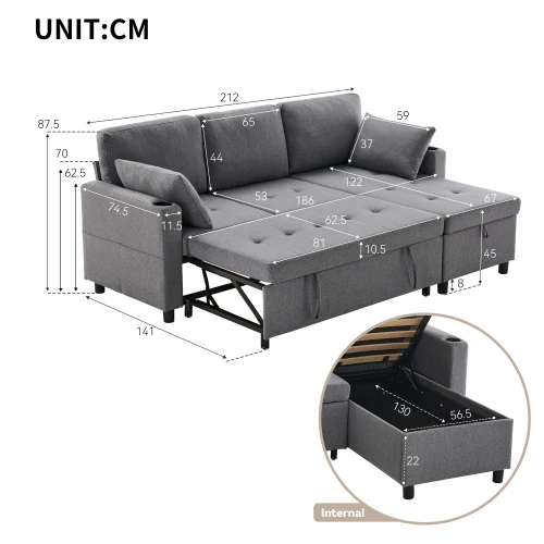 Sofa Bed,L-Shaped Corner Sofa,3 Seater Pull out Sofa with Storage,Convertible Settee Sectional Sofa for Living Room,Office,Grey