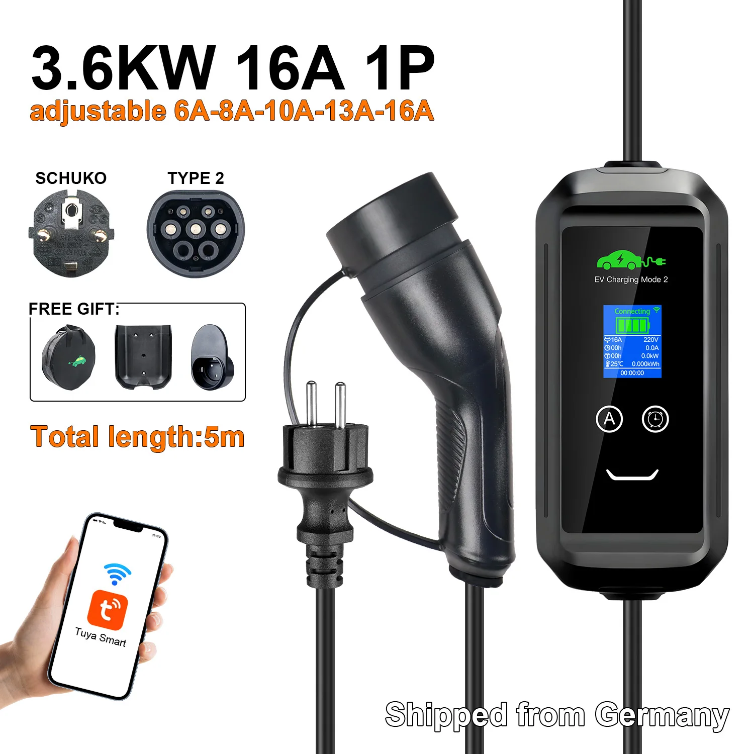 GOODCELL Type 2 EV Charger 3.6KW 16A 1P APP Smart Control IP66 5/10M Cable EU Schuko Plug 220V For Type2 EV Car Charger