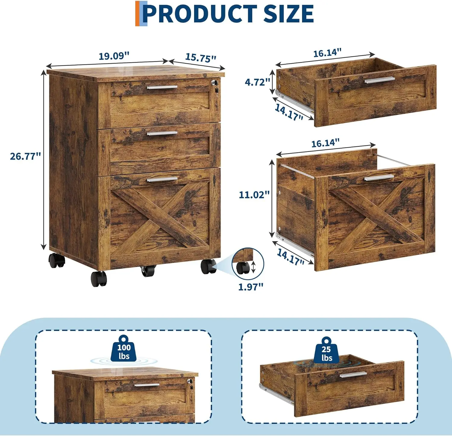 3-Drawer Rolling File Cabinet with Lock - Wooden Mobile Filing Cabinet for Home Office, Under Desk Storage Organizer fits Letter