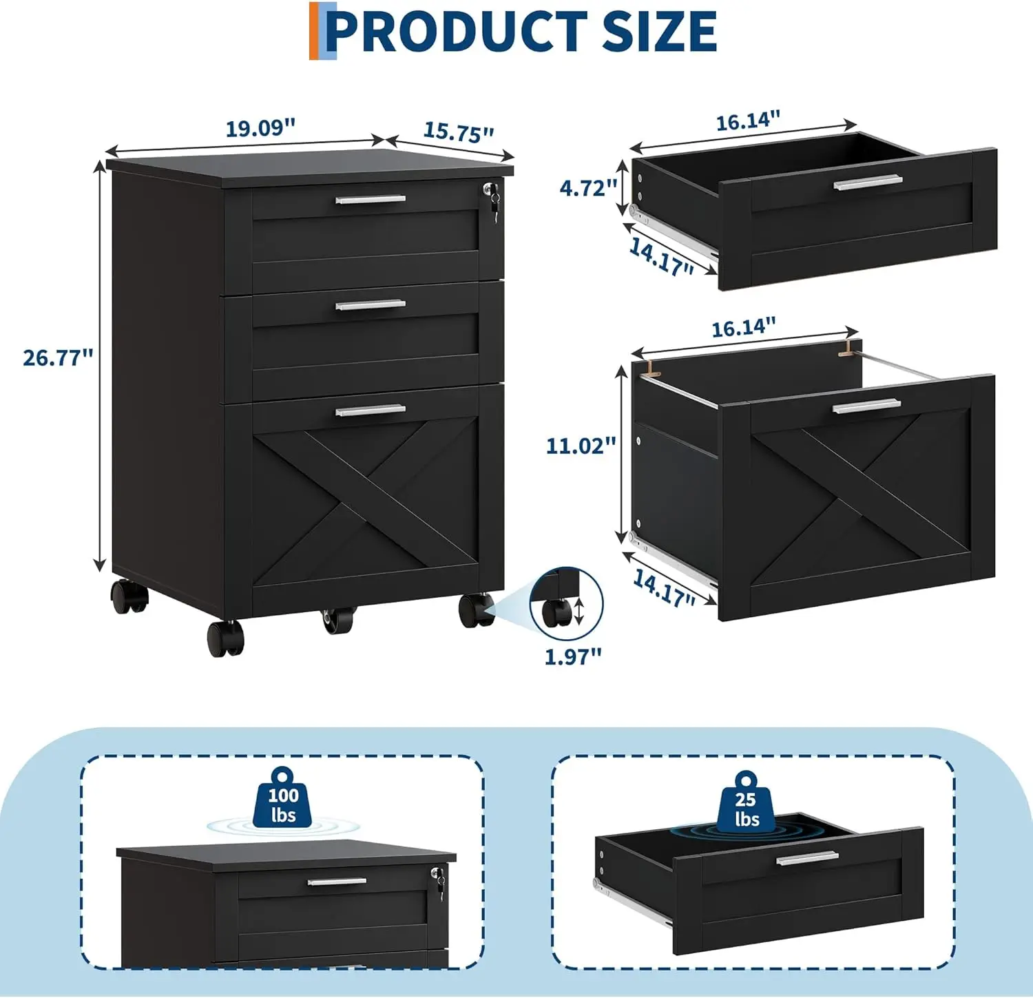 3-Drawer Rolling File Cabinet with Lock - Wooden Mobile Filing Cabinet for Home Office, Under Desk Storage Organizer fits Letter