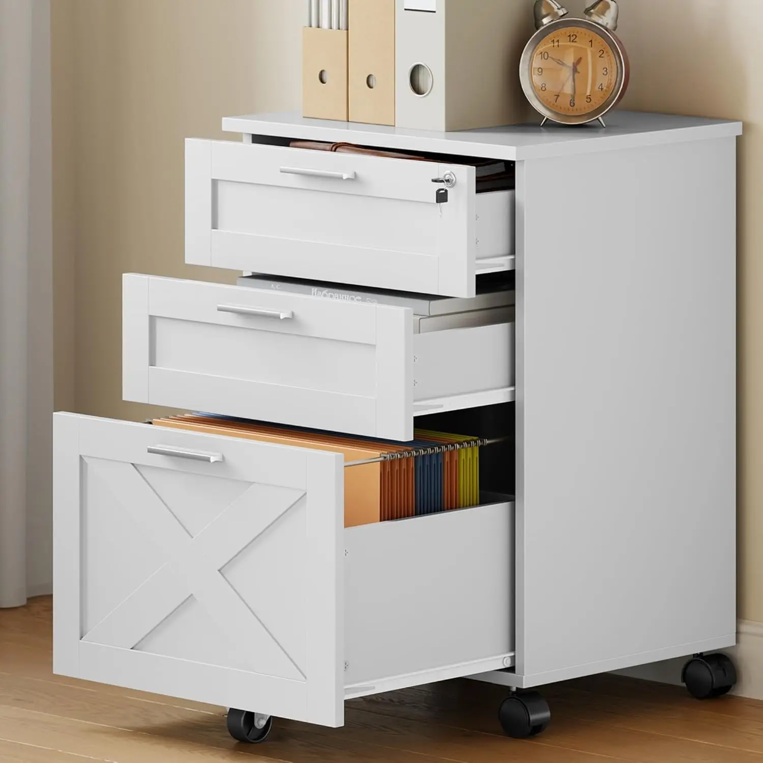 3-Drawer Rolling File Cabinet with Lock - Wooden Mobile Filing Cabinet for Home Office, Under Desk Storage Organizer fits Letter