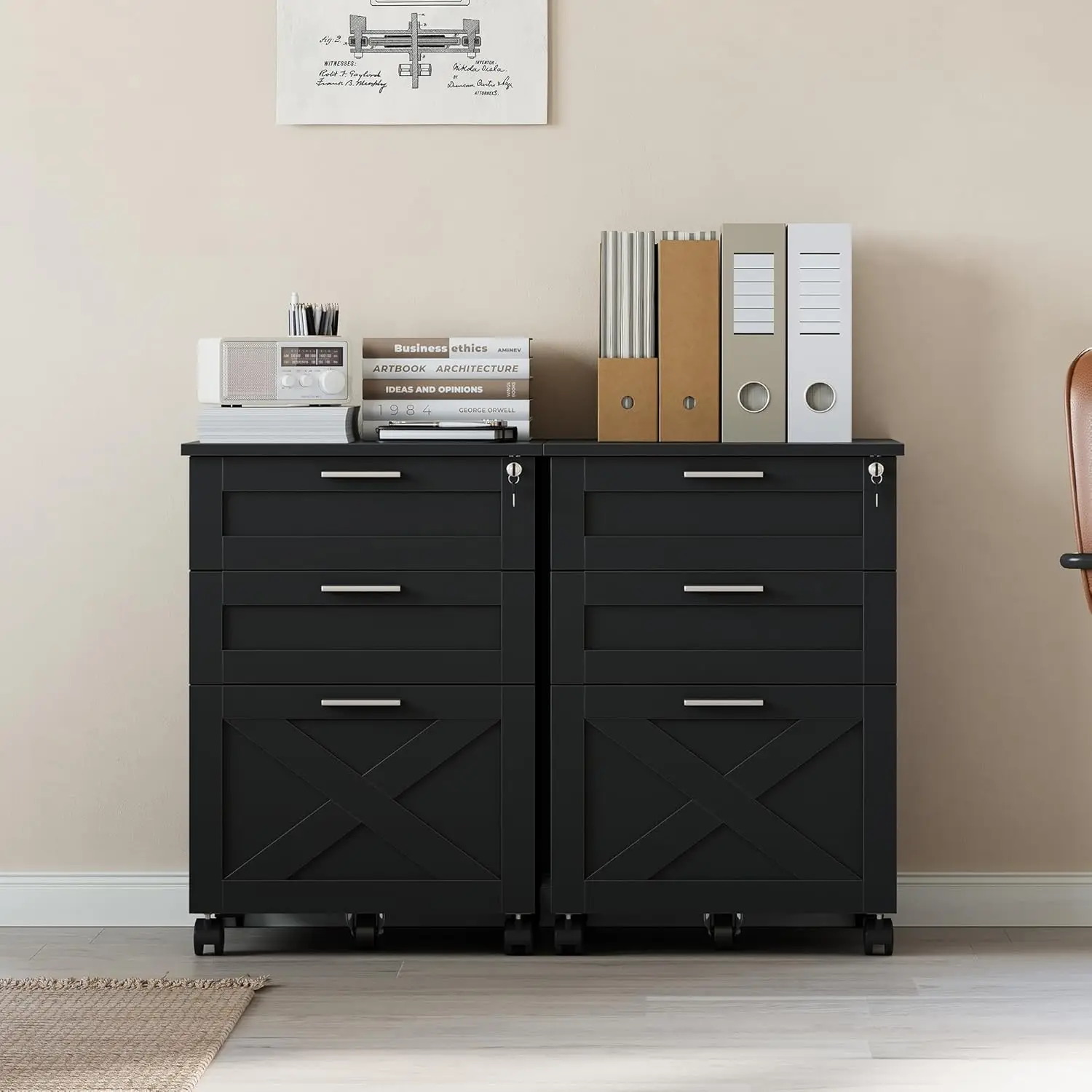 3-Drawer Rolling File Cabinet with Lock - Wooden Mobile Filing Cabinet for Home Office, Under Desk Storage Organizer fits Letter