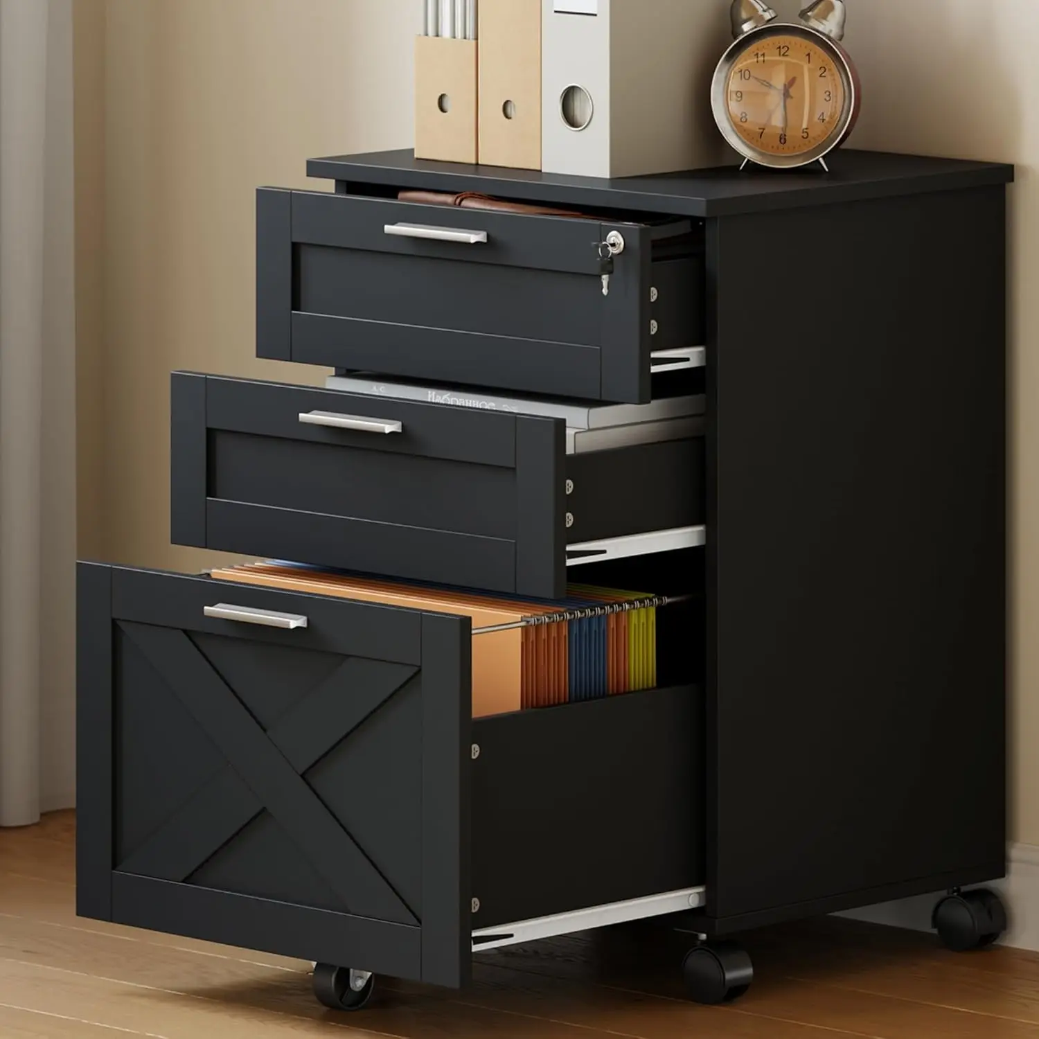 3-Drawer Rolling File Cabinet with Lock - Wooden Mobile Filing Cabinet for Home Office, Under Desk Storage Organizer fits Letter