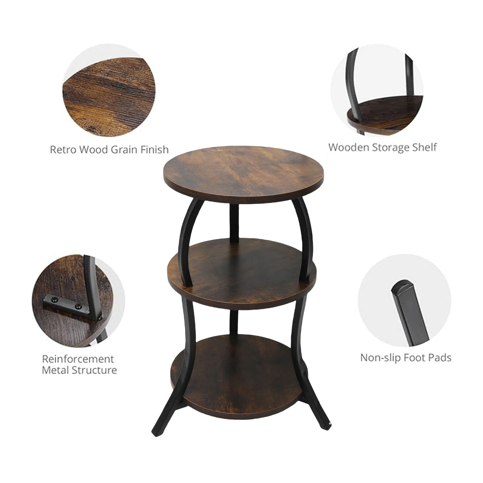 Round End Table Side Table 3 Tier MDF Metal Frame Rustic Accent Table Nightstand for Living Room Bedroom Couch