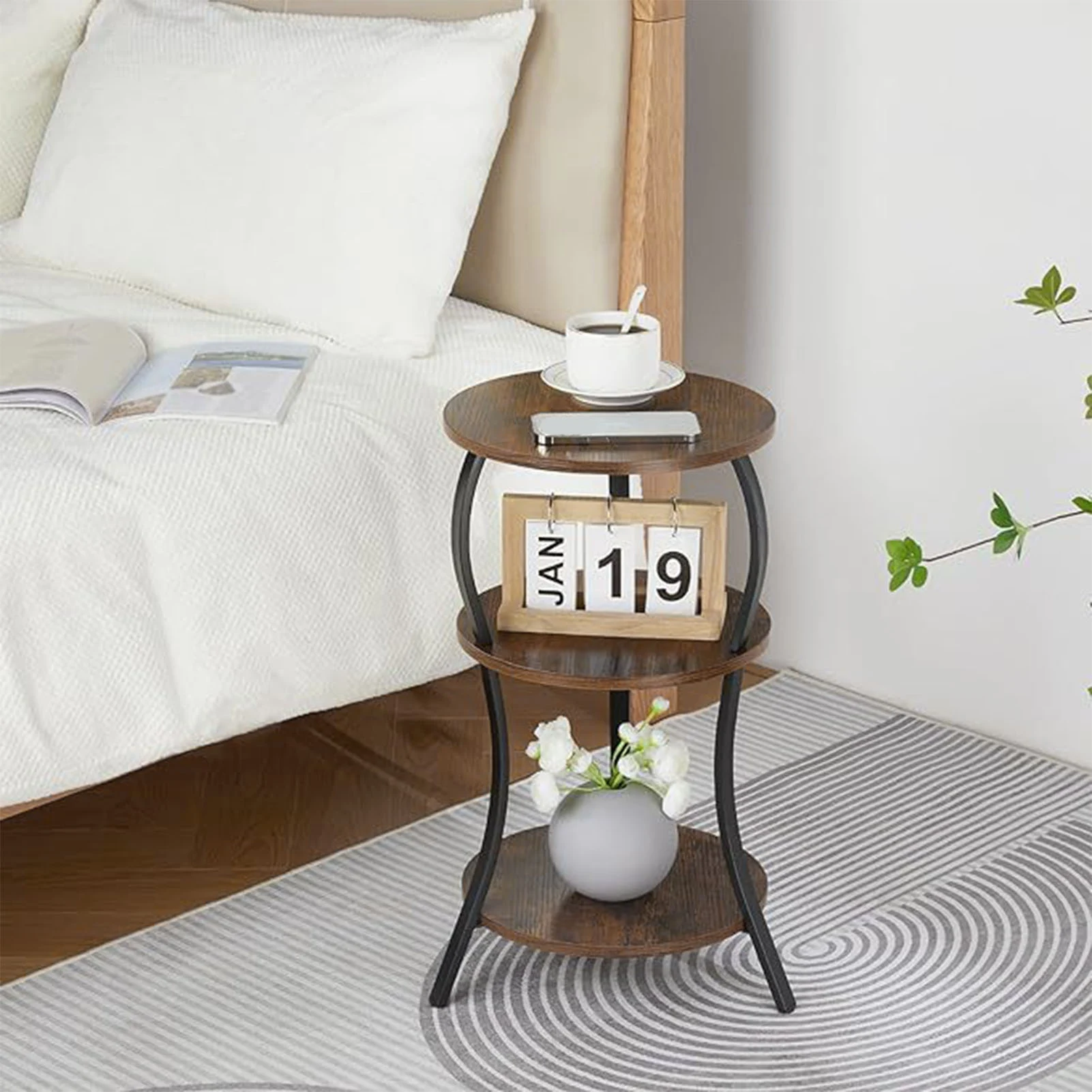 Round End Table Side Table 3 Tier MDF Metal Frame Rustic Accent Table Nightstand for Living Room Bedroom Couch