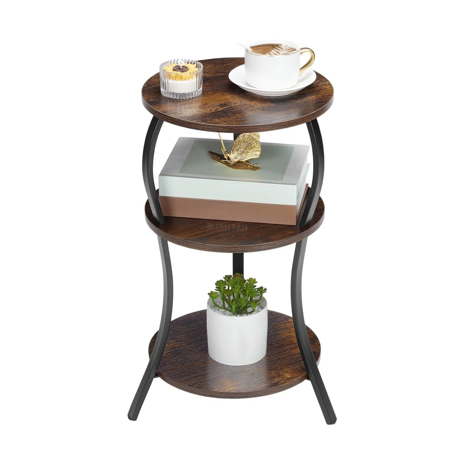 Round End Table Side Table 3 Tier MDF Metal Frame Rustic Accent Table Nightstand for Living Room Bedroom Couch