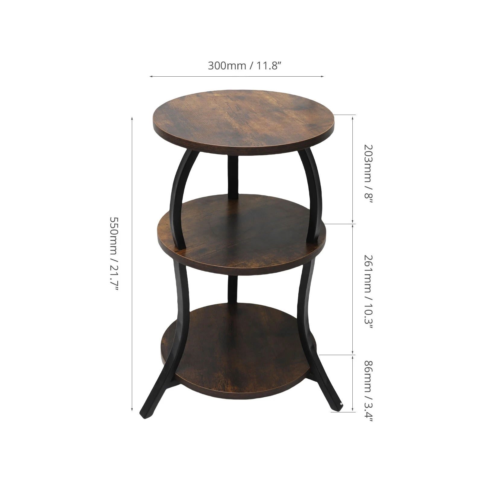 Round End Table Side Table 3 Tier MDF Metal Frame Rustic Accent Table Nightstand for Living Room Bedroom Couch