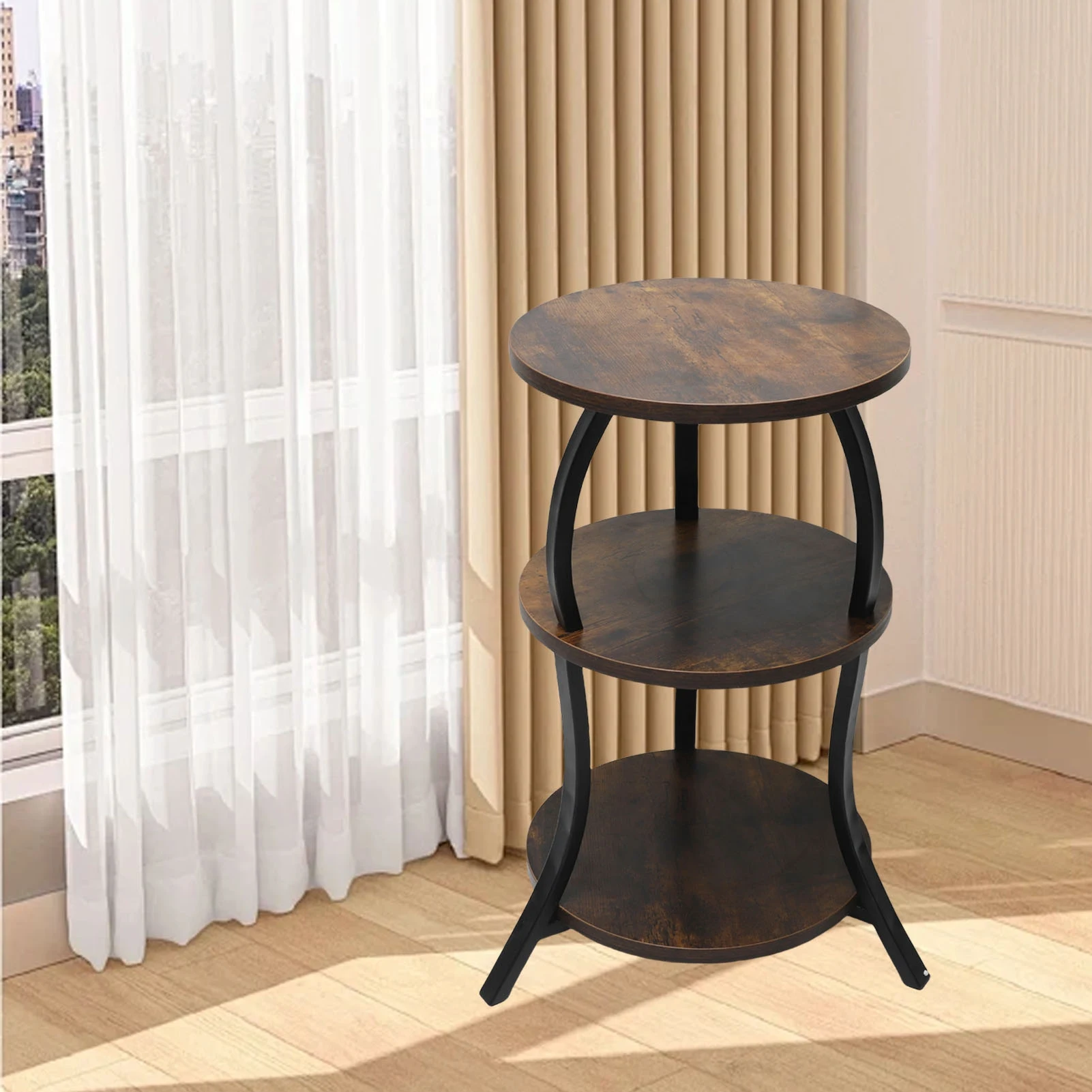 Round End Table Side Table 3 Tier MDF Metal Frame Rustic Accent Table Nightstand for Living Room Bedroom Couch