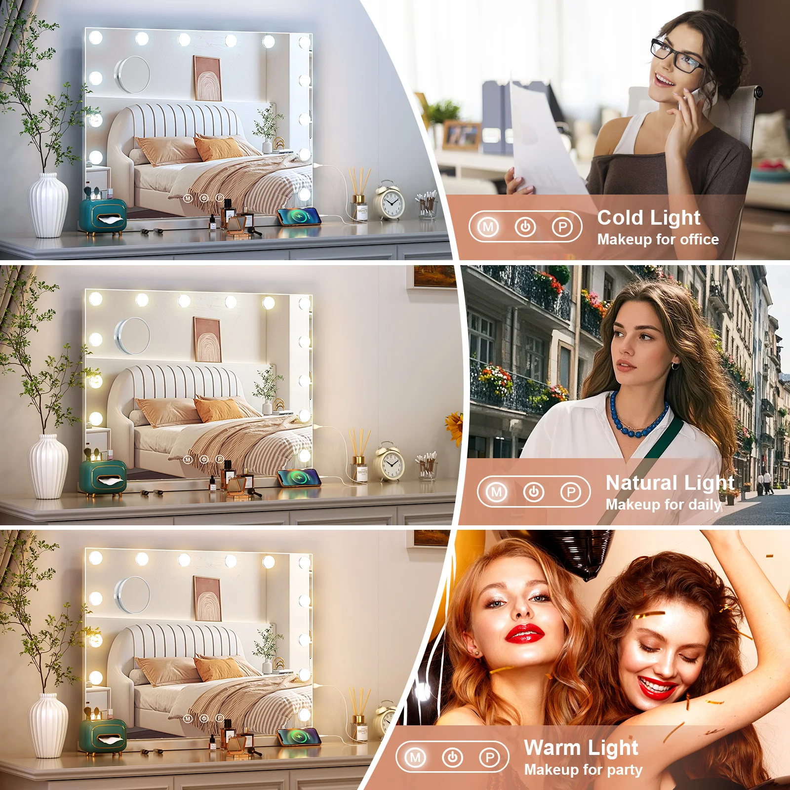 Hollywood LED Vanity Mirror with 10 Lights 3 Color Dimmable Touch Control Make Up Mirror for Dressing Table Bedroom Beauty Decor