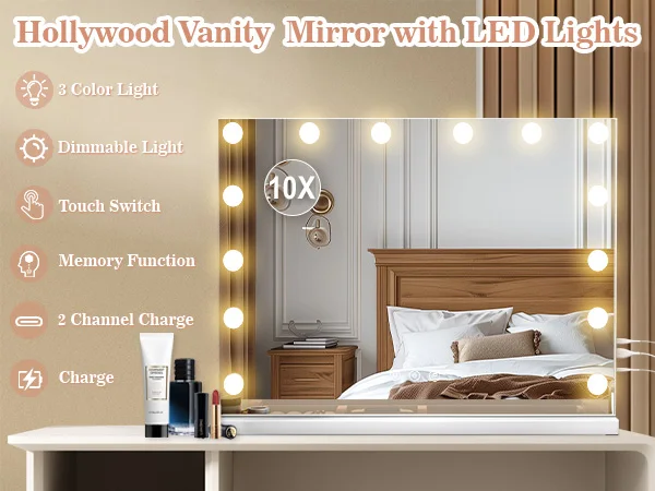 Hollywood LED Vanity Mirror with 10 Lights 3 Color Dimmable Touch Control Make Up Mirror for Dressing Table Bedroom Beauty Decor