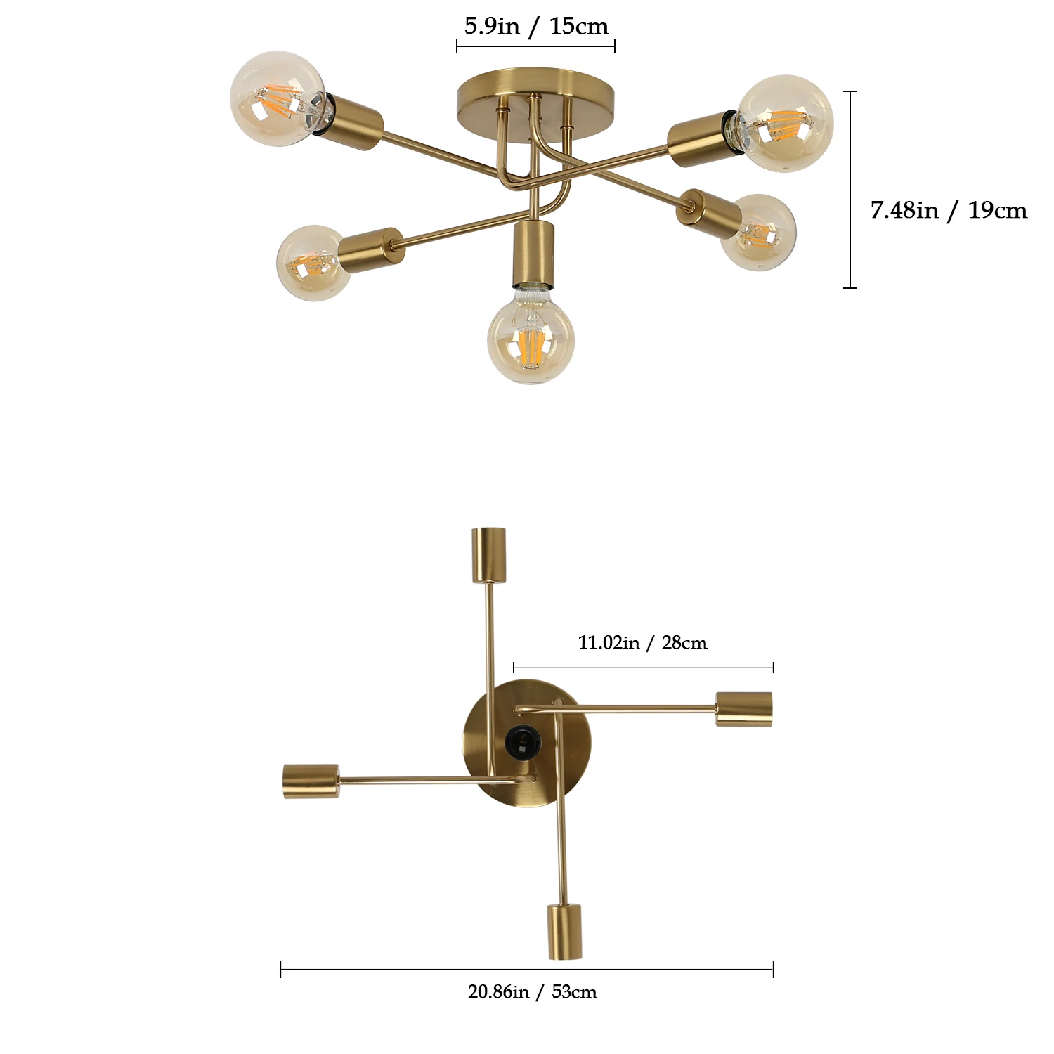 Modern Ceiling Light,5 Lights E27 Industrial Ceiling Lamp,Gold Metal Ceiling Lighting for Living Room,Bedroom(Bulb not included)