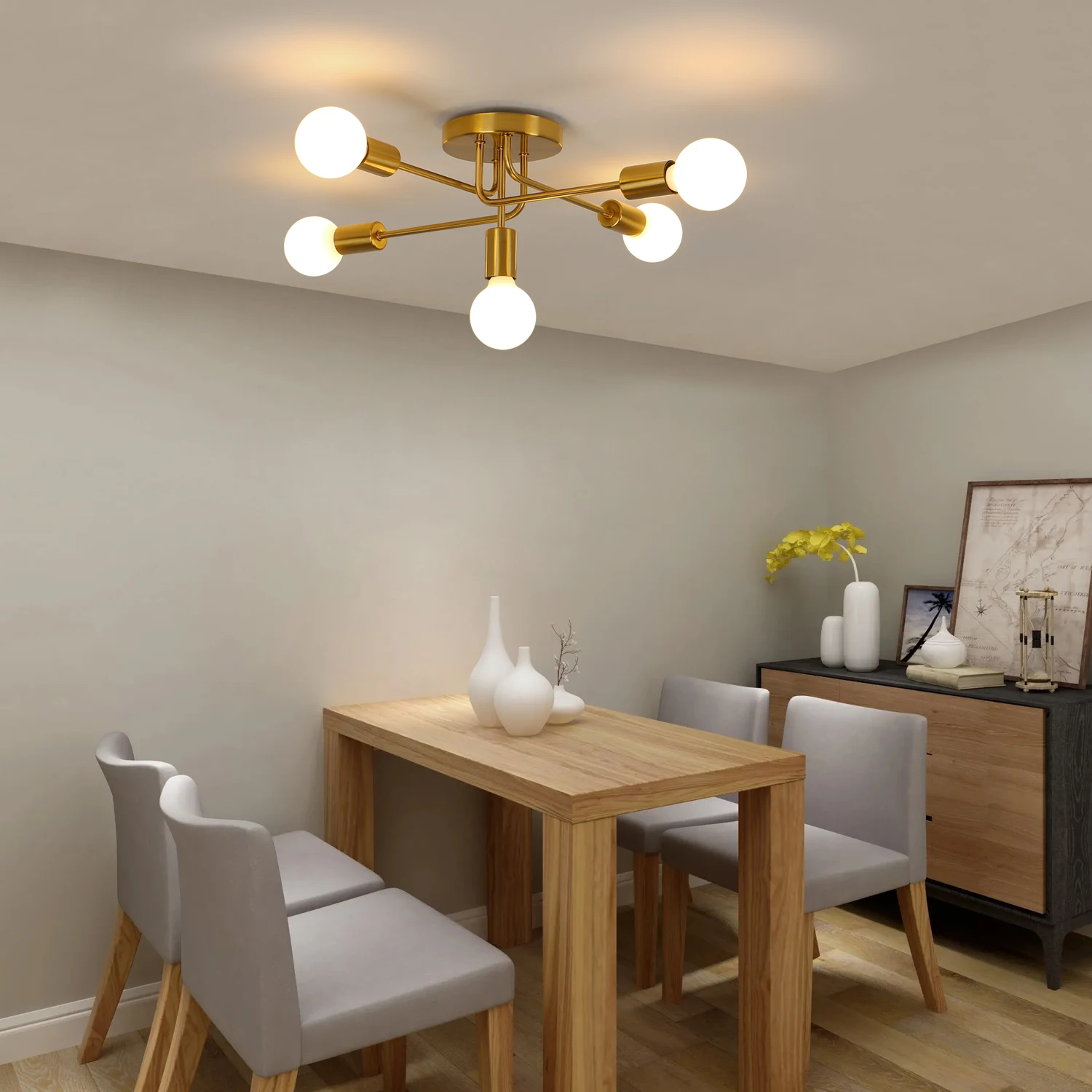 Modern Ceiling Light,5 Lights E27 Industrial Ceiling Lamp,Gold Metal Ceiling Lighting for Living Room,Bedroom(Bulb not included)