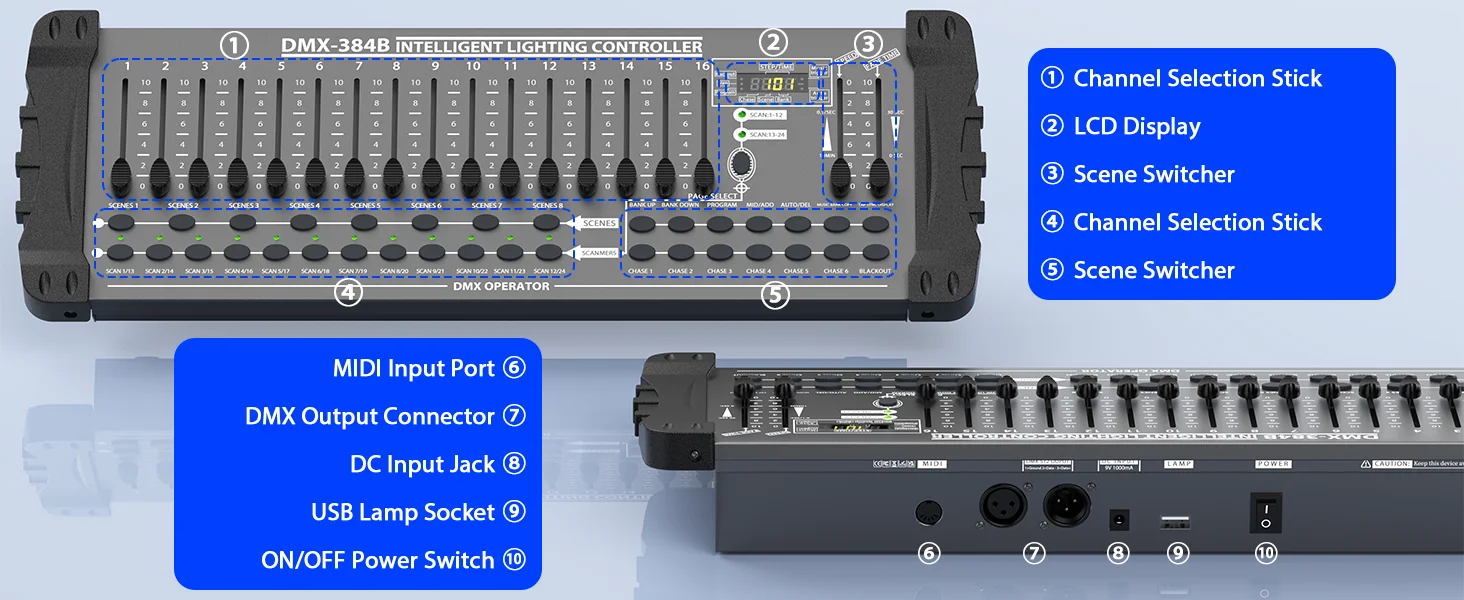 DayFlicker Black DMX and MIDI Operator 384 Channel Light Controller for Live Concerts KTV DJs Clubs