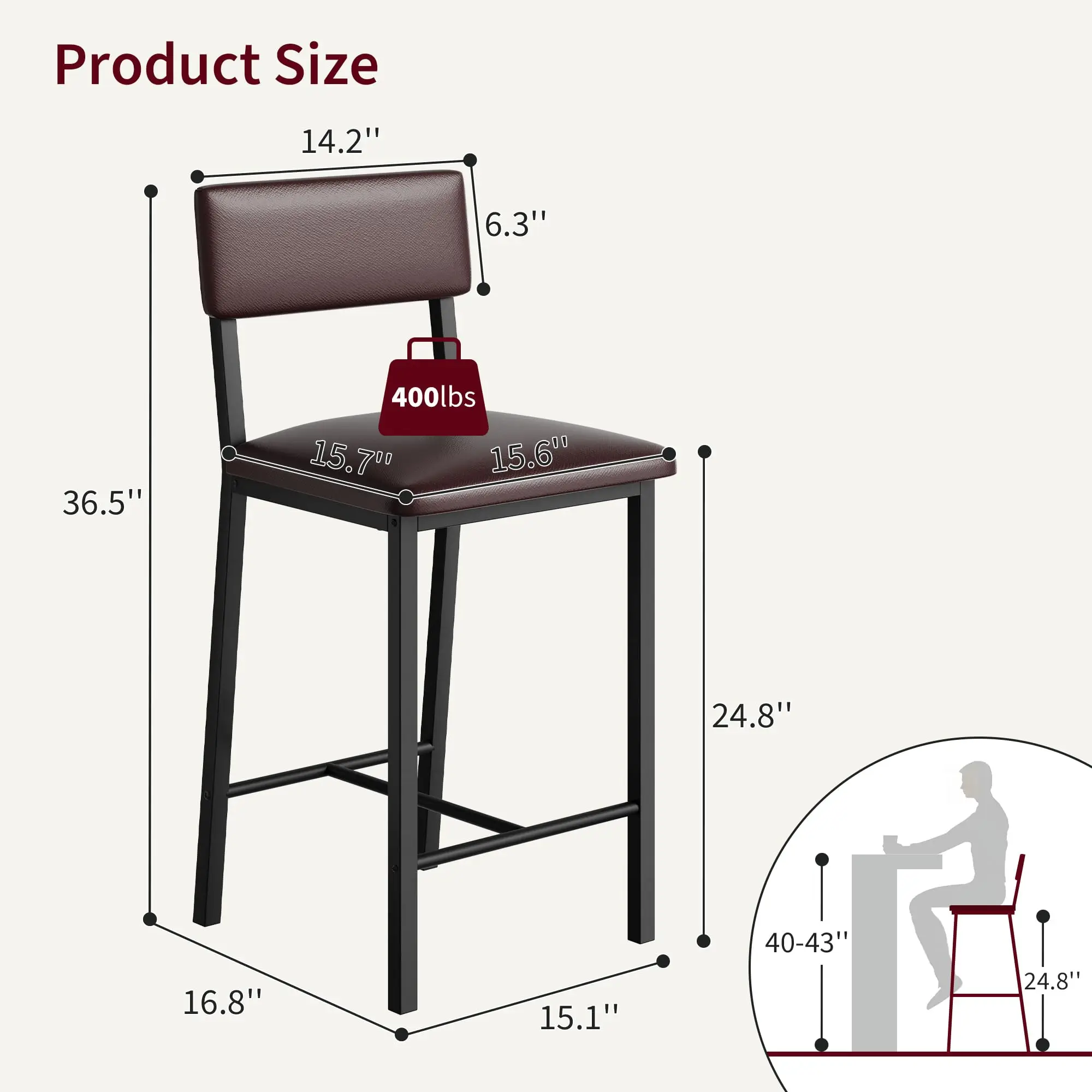 Bar Stools Set of 4, Kitchen Barstools with Thick Cushion, 25 in Counter Height Bar Stools with Backrest and Footrest