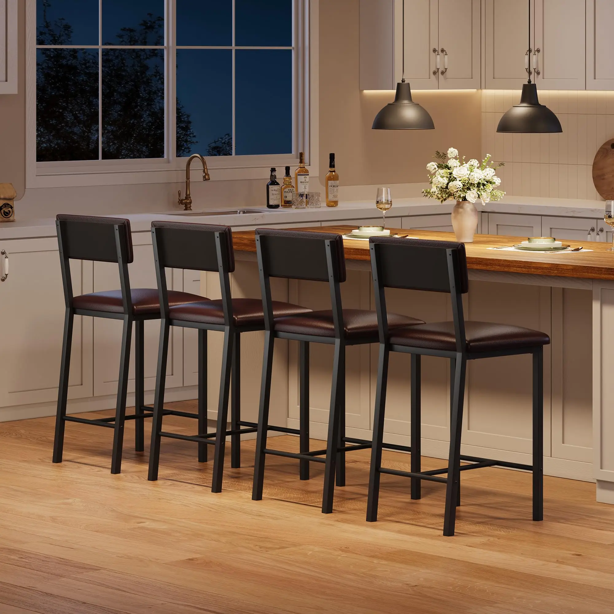 Bar Stools Set of 4, Kitchen Barstools with Thick Cushion, 25 in Counter Height Bar Stools with Backrest and Footrest