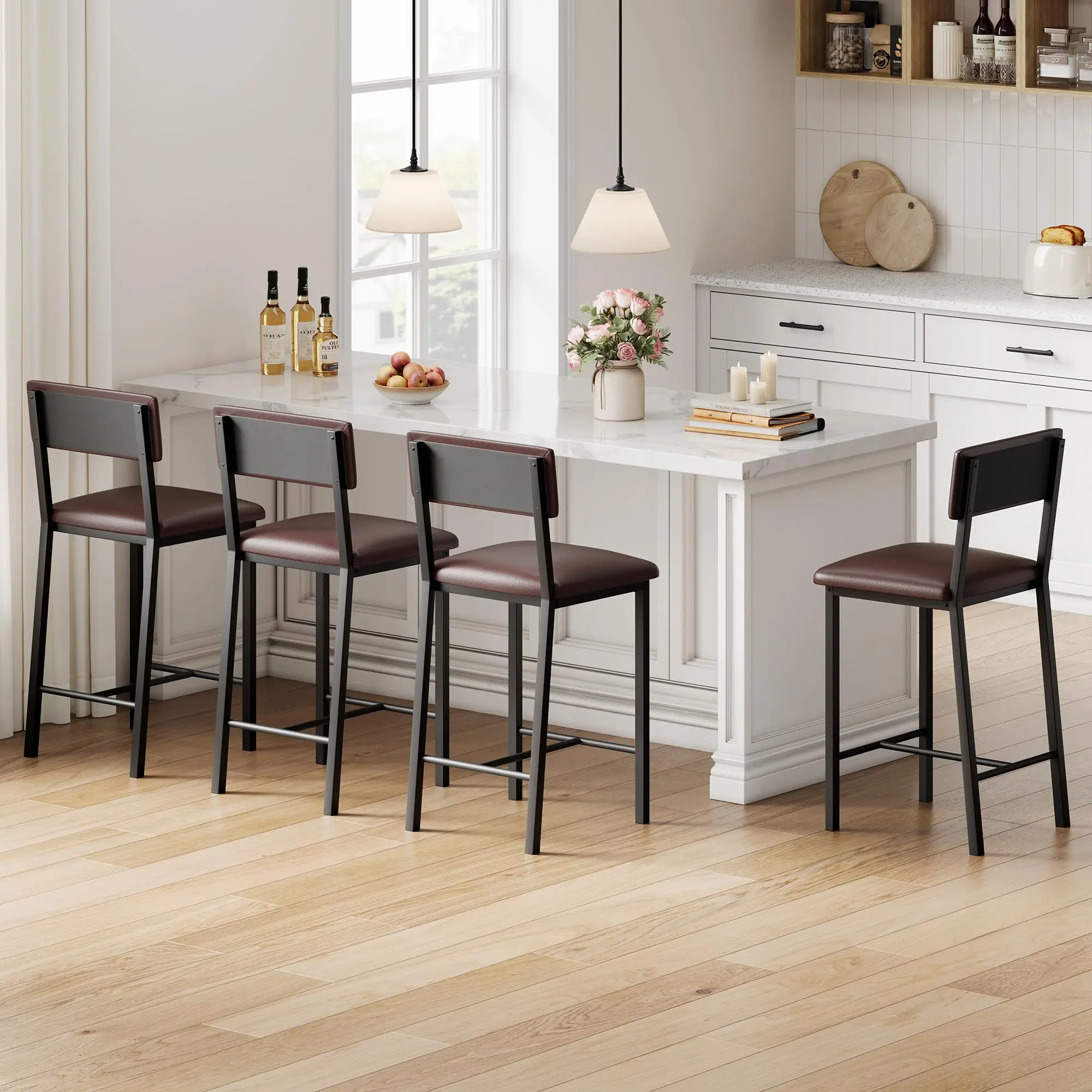 Bar Stools Set of 4, Kitchen Barstools with Thick Cushion, 25 in Counter Height Bar Stools with Backrest and Footrest