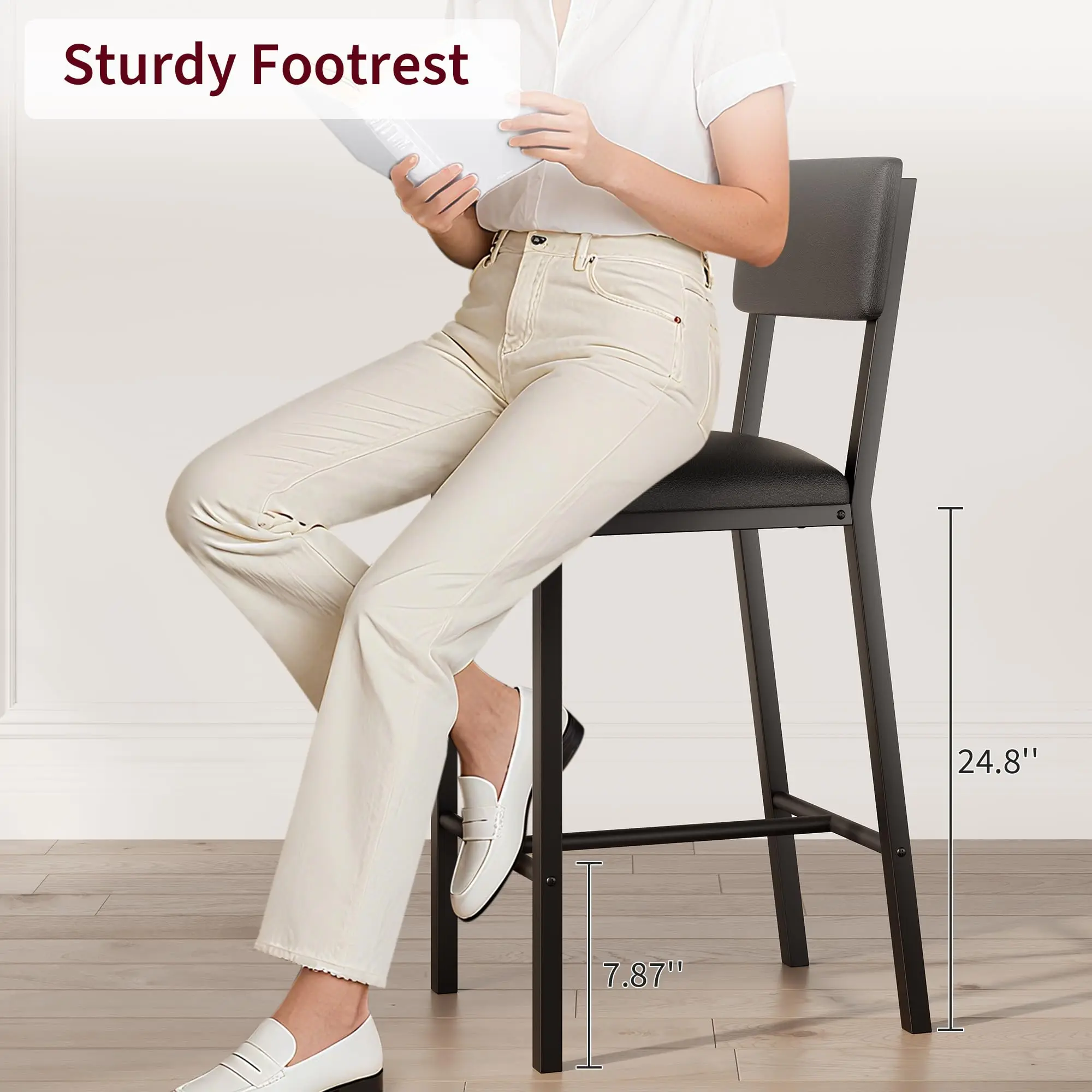Bar Stools Set of 4, Kitchen Barstools with Thick Cushion, 25 in Counter Height Bar Stools with Backrest and Footrest