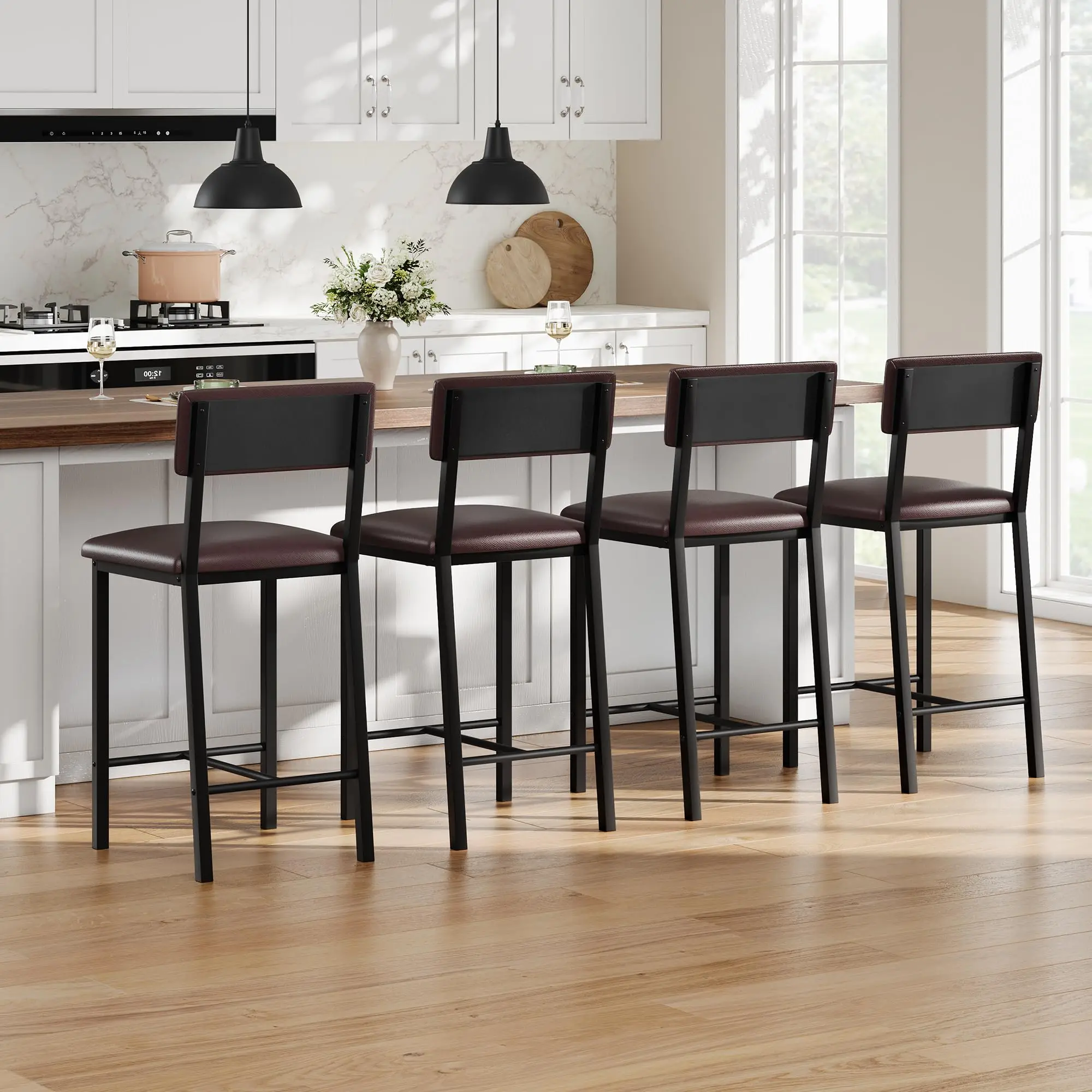 Bar Stools Set of 4, Kitchen Barstools with Thick Cushion, 25 in Counter Height Bar Stools with Backrest and Footrest