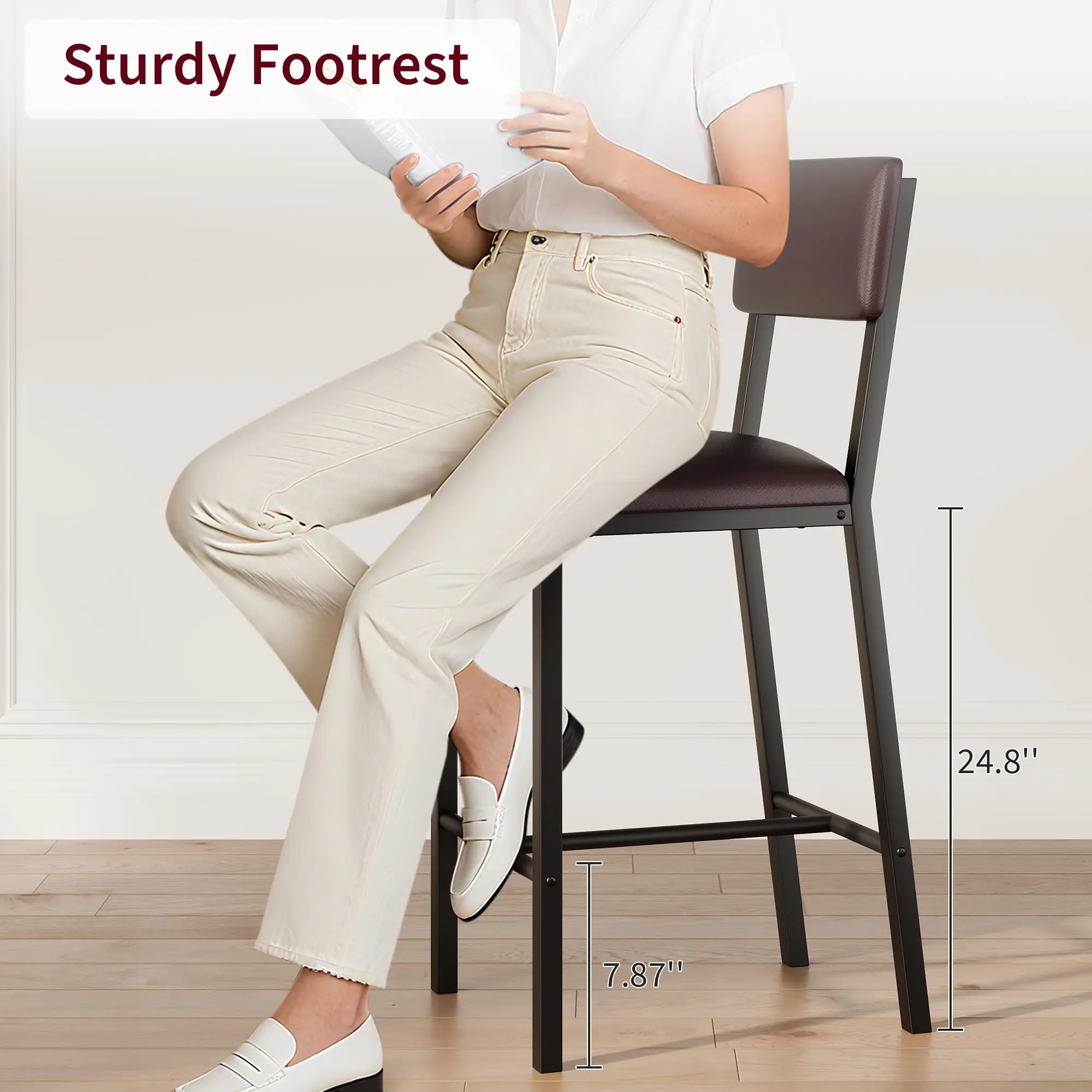 Bar Stools Set of 4, Kitchen Barstools with Thick Cushion, 25 in Counter Height Bar Stools with Backrest and Footrest