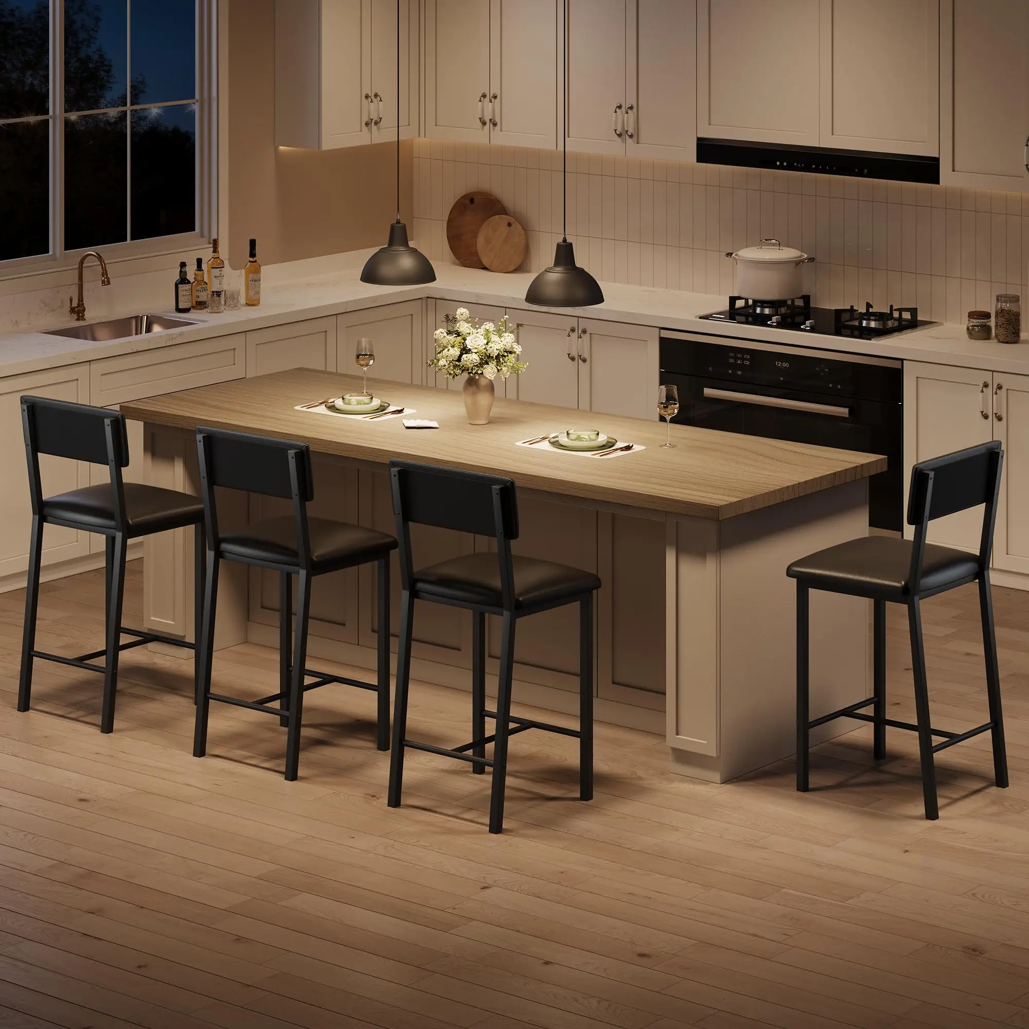 Bar Stools Set of 4, Kitchen Barstools with Thick Cushion, 25 in Counter Height Bar Stools with Backrest and Footrest
