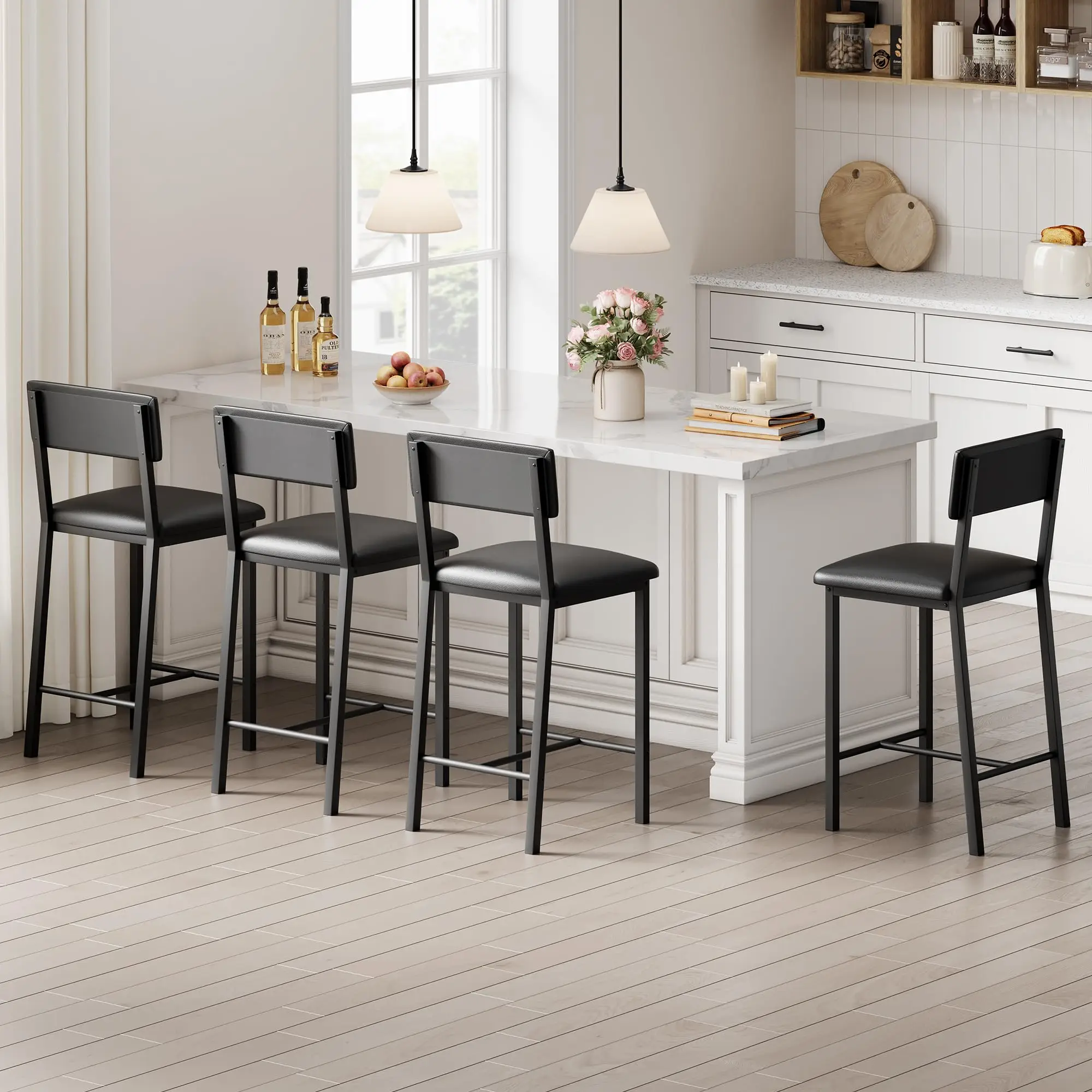 Bar Stools Set of 4, Kitchen Barstools with Thick Cushion, 25 in Counter Height Bar Stools with Backrest and Footrest
