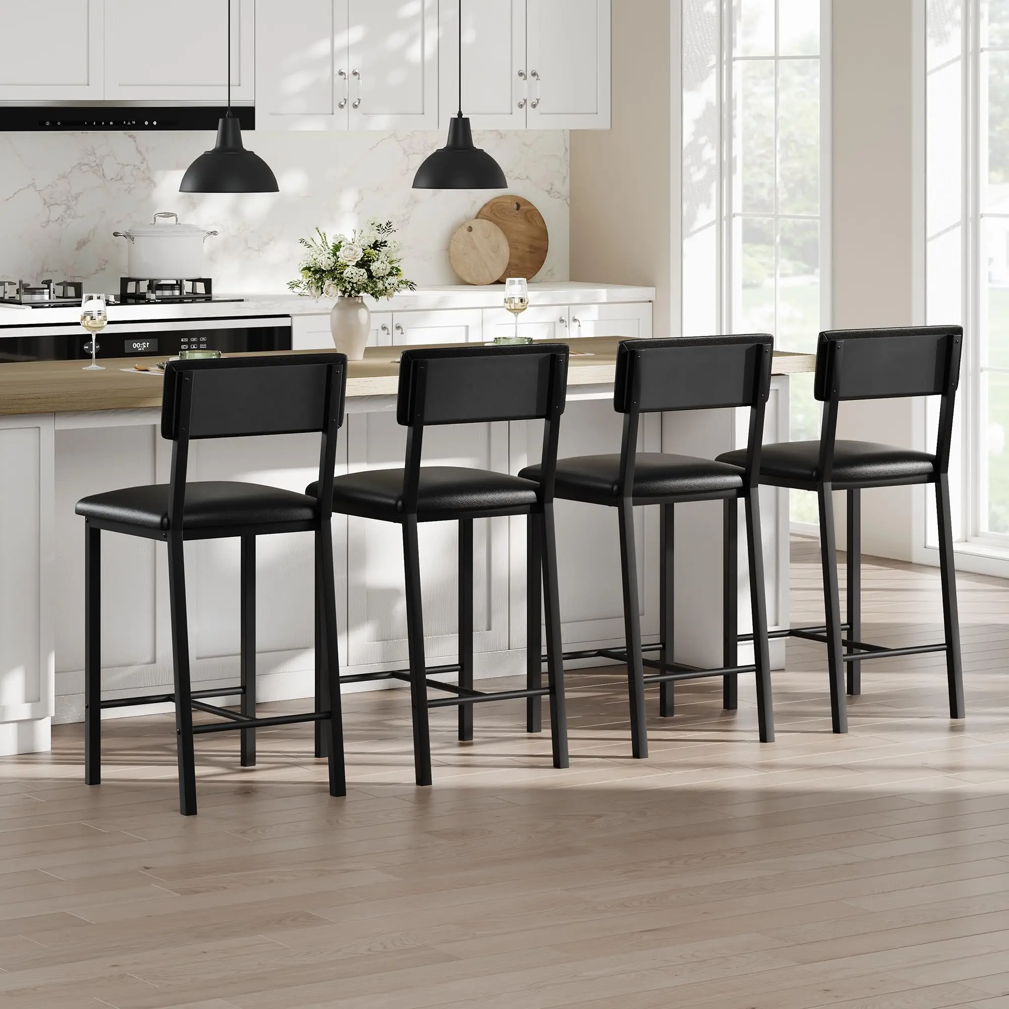 Bar Stools Set of 4, Kitchen Barstools with Thick Cushion, 25 in Counter Height Bar Stools with Backrest and Footrest
