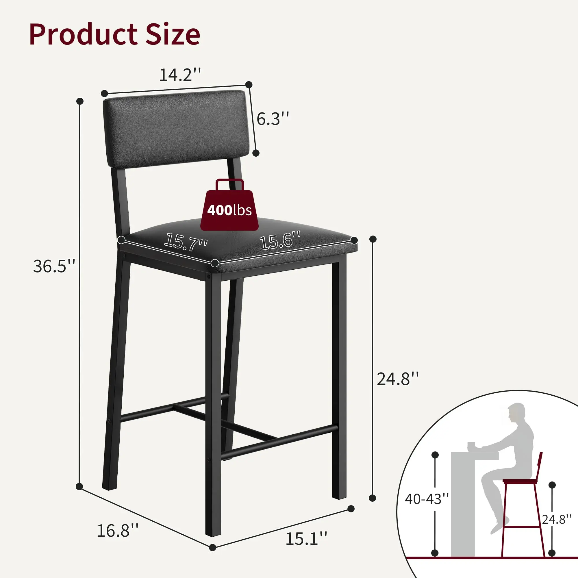 Bar Stools Set of 4, Kitchen Barstools with Thick Cushion, 25 in Counter Height Bar Stools with Backrest and Footrest