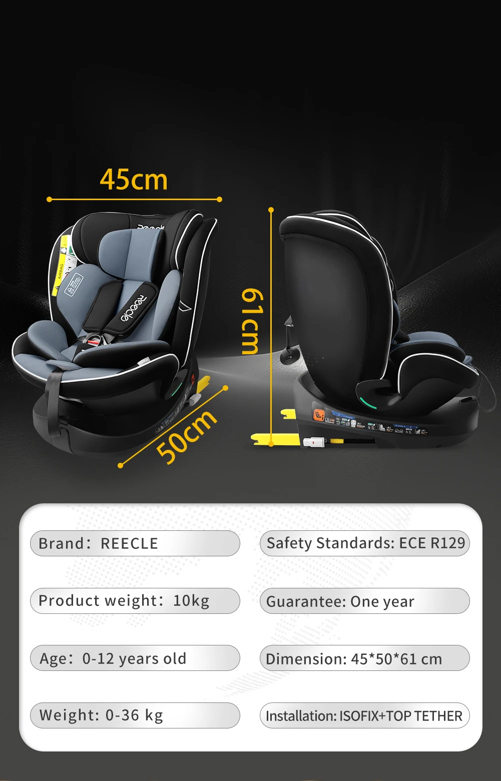 Reecle I-Size 360 Swivel Baby Car Seat, 40-150cm (0-12 Years), Compatible with ISOFIX