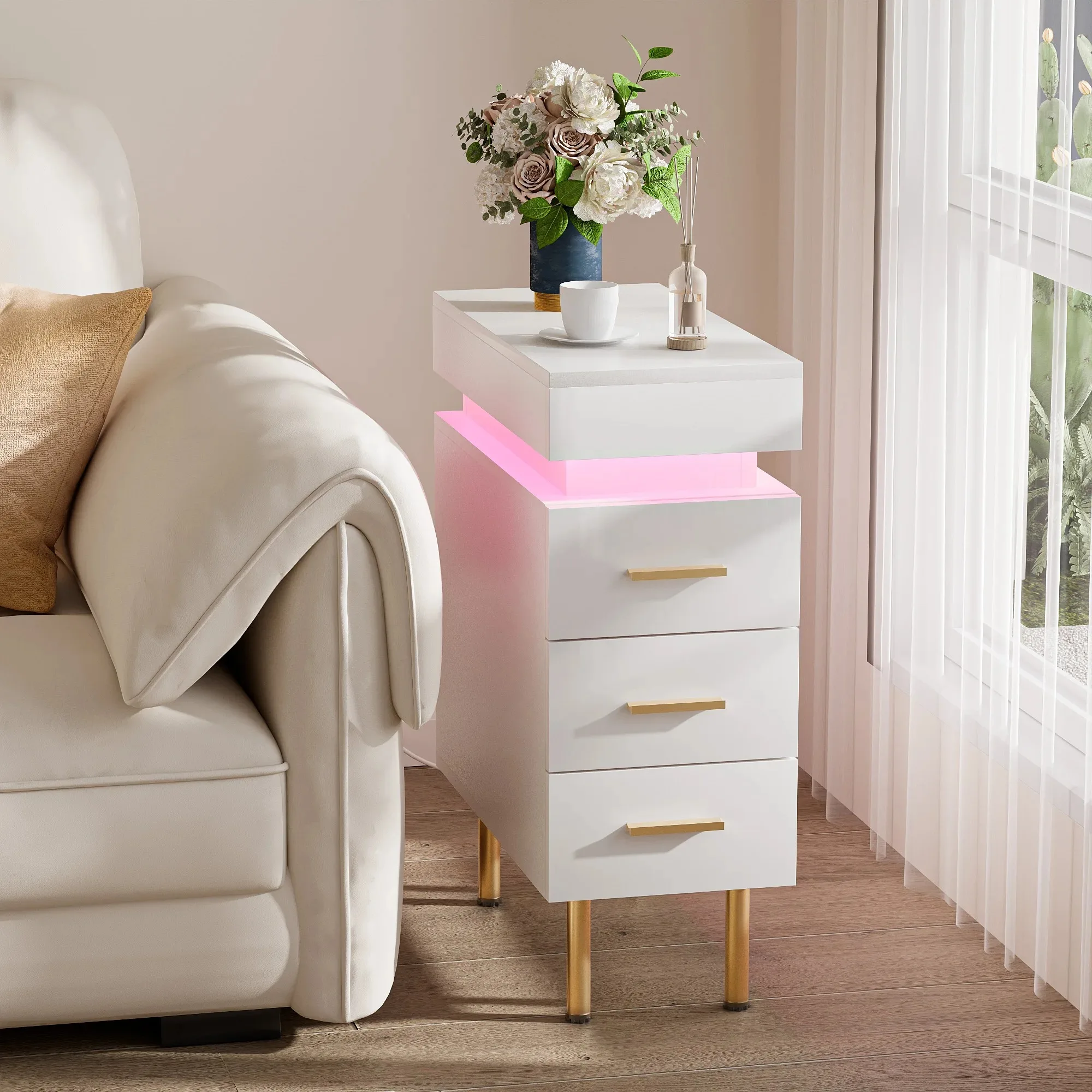 Push and Pull Nightstands Wood Slim Bedside Table with 1.2m Light Strip Ports 3 Drawers for Bedrooms Living Rooms UK Plug