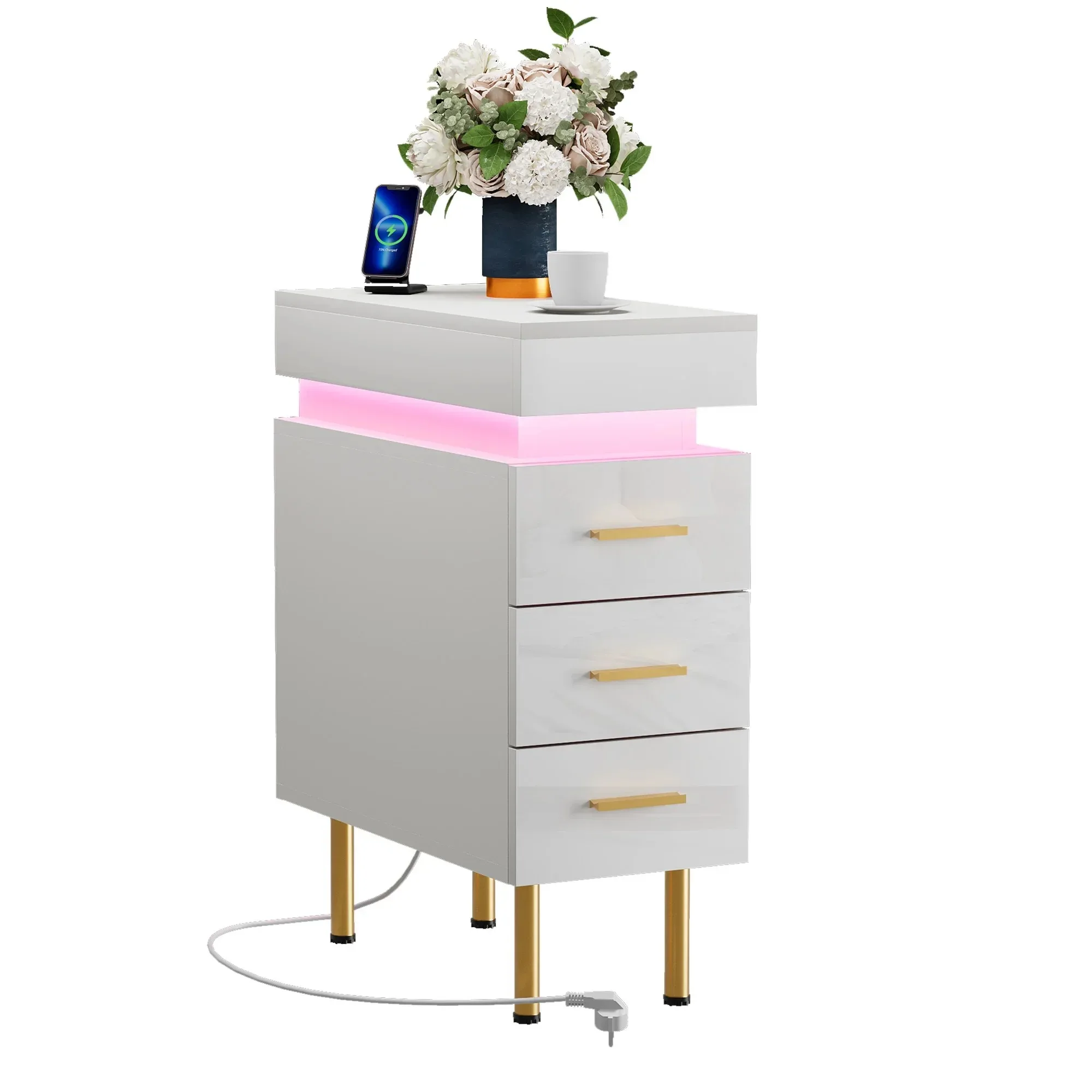 Push and Pull Nightstands Wood Slim Bedside Table with 1.2m Light Strip Ports 3 Drawers for Bedrooms Living Rooms UK Plug