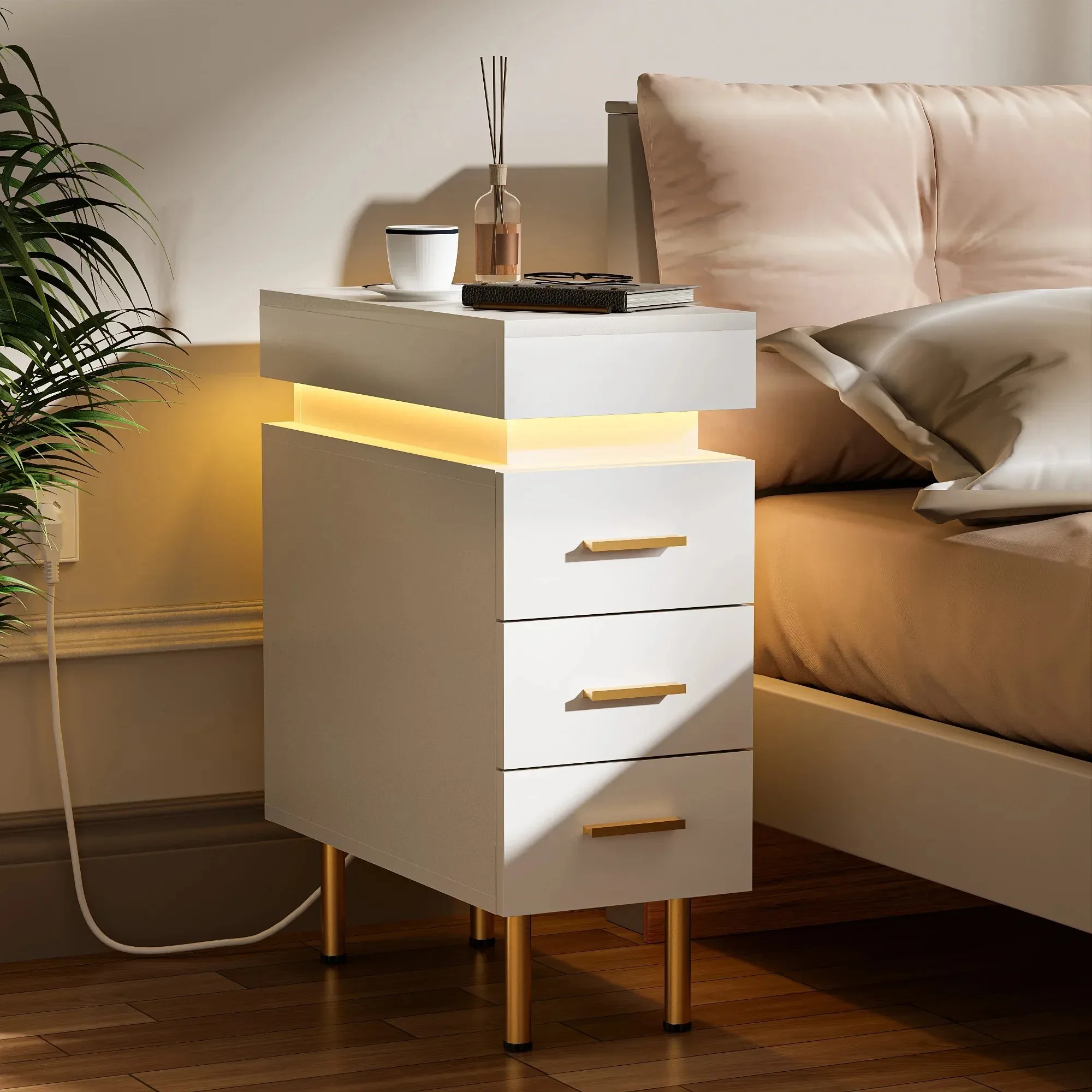 Push and Pull Nightstands Wood Slim Bedside Table with 1.2m Light Strip Ports 3 Drawers for Bedrooms Living Rooms UK Plug