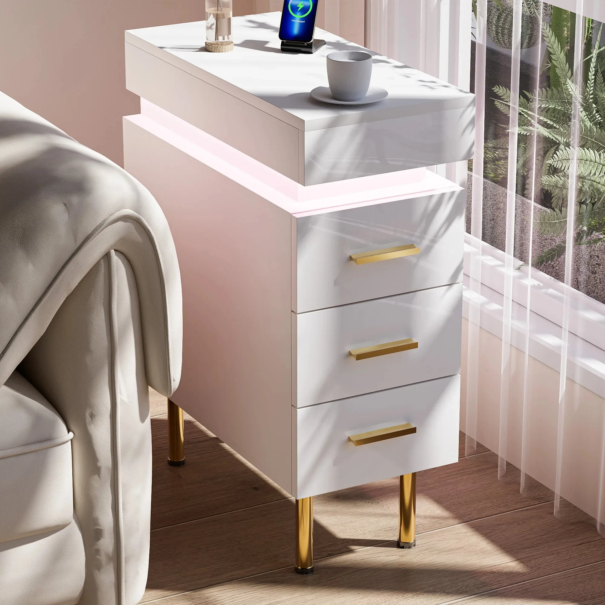 Push and Pull Nightstands Wood Slim Bedside Table with 1.2m Light Strip Ports 3 Drawers for Bedrooms Living Rooms UK Plug