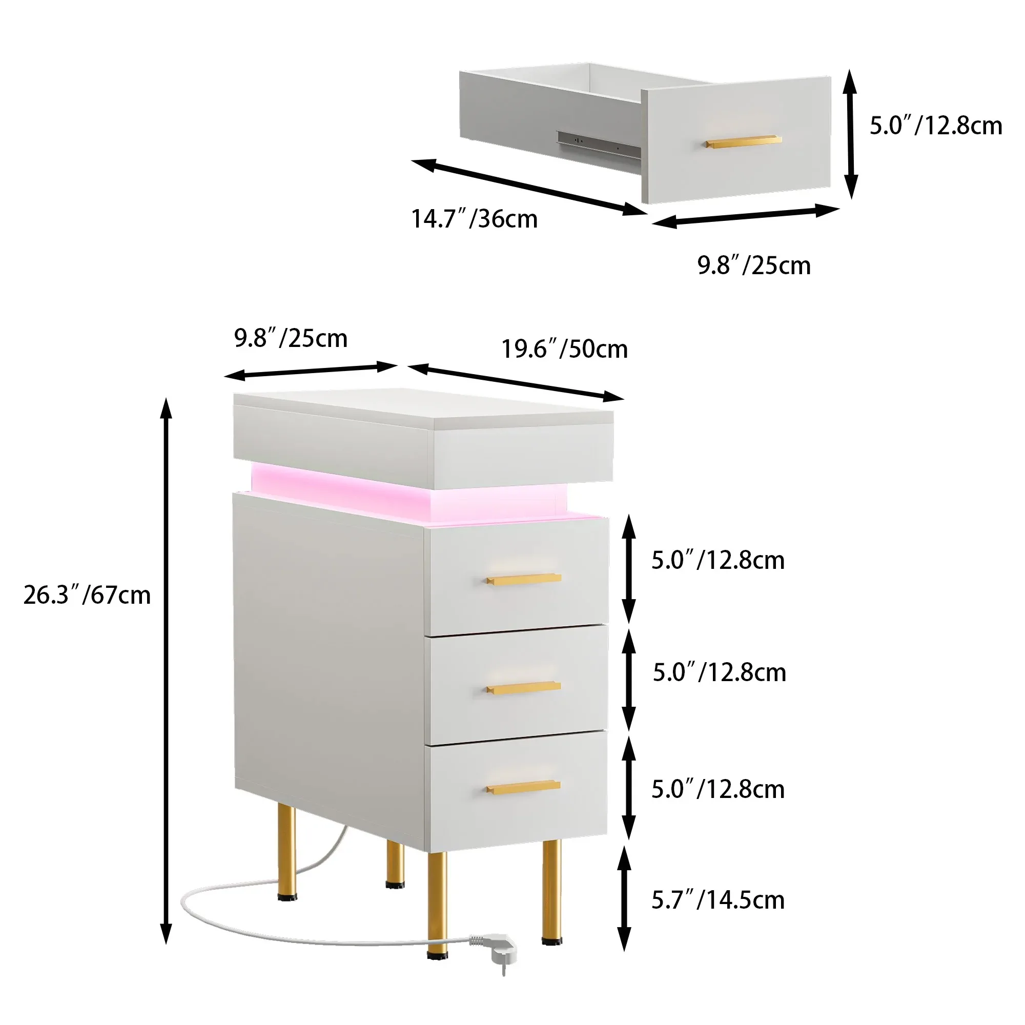 Push and Pull Nightstands Wood Slim Bedside Table with 1.2m Light Strip Ports 3 Drawers for Bedrooms Living Rooms UK Plug