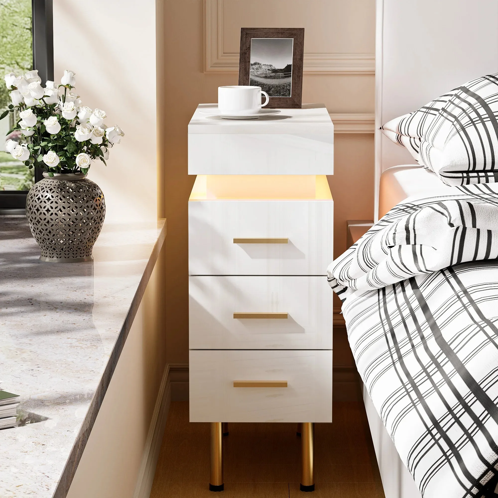 Push and Pull Nightstands Wood Slim Bedside Table with 1.2m Light Strip Ports 3 Drawers for Bedrooms Living Rooms UK Plug