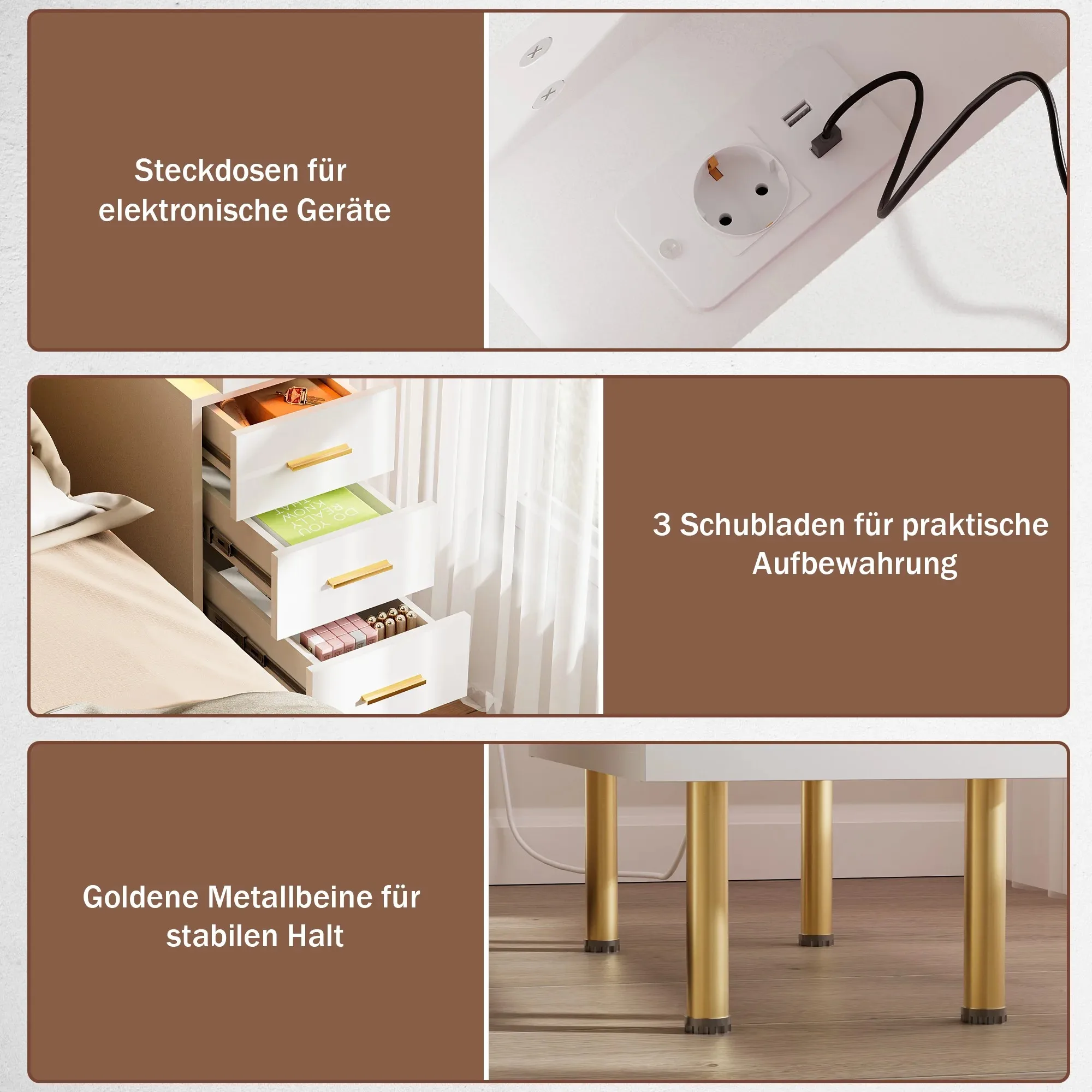 Push and Pull Nightstands Wood Slim Bedside Table with 1.2m Light Strip Ports 3 Drawers for Bedrooms Living Rooms UK Plug