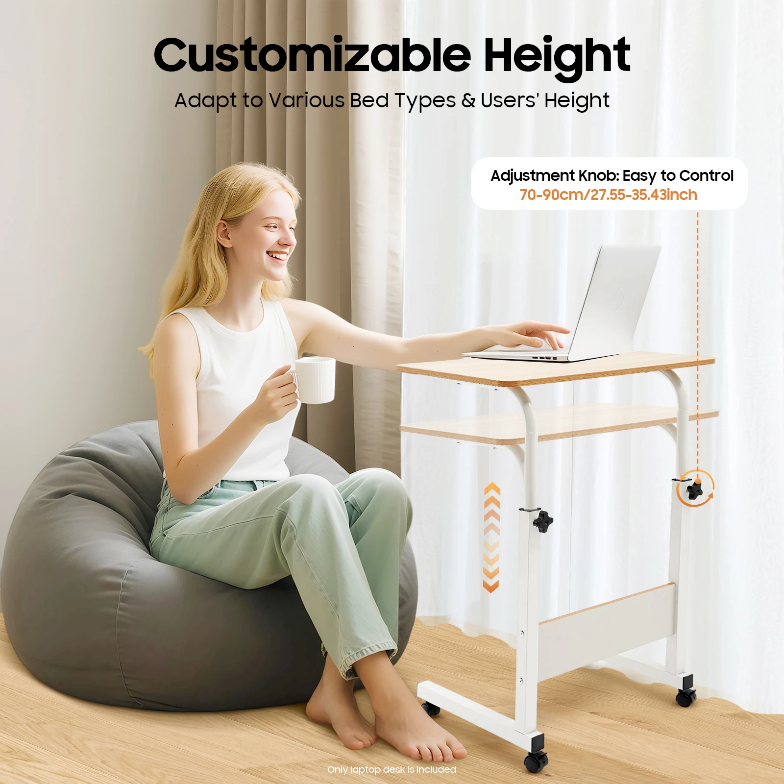 Adjustable Mobile Laptop Desk on Wheels, Rolling Computer Stand with Casters, Freestanding Ergonomic Workstation for Home Office
