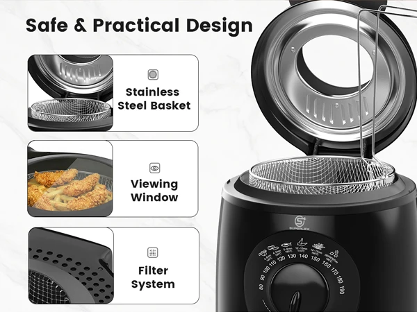 SUPERLEX Mini Electric Deep Fat Fryer 1 Litre 950W Compact Deep Fryer with Viewing Window, Adjustable Temperature Control, Removable Lid & Fry Basket, Easy Clean Small Deep Fryer for Home Cooking Chips Onion Rings