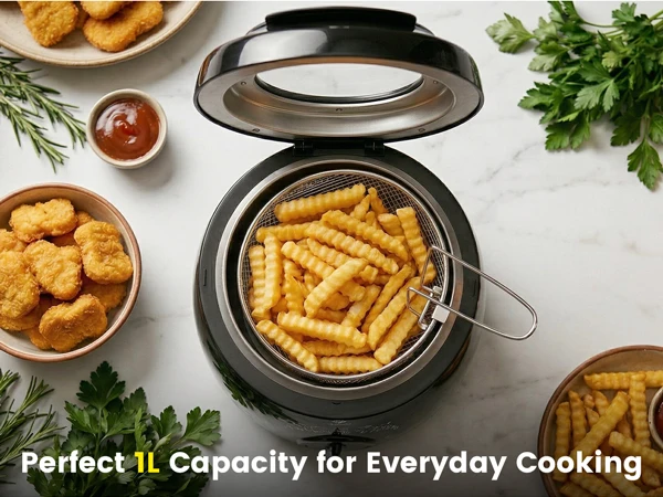 SUPERLEX Mini Electric Deep Fat Fryer 1 Litre 950W Compact Deep Fryer with Viewing Window, Adjustable Temperature Control, Removable Lid & Fry Basket, Easy Clean Small Deep Fryer for Home Cooking Chips Onion Rings