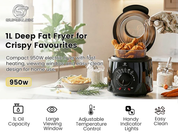 SUPERLEX Mini Electric Deep Fat Fryer 1 Litre 950W Compact Deep Fryer with Viewing Window, Adjustable Temperature Control, Removable Lid & Fry Basket, Easy Clean Small Deep Fryer for Home Cooking Chips Onion Rings