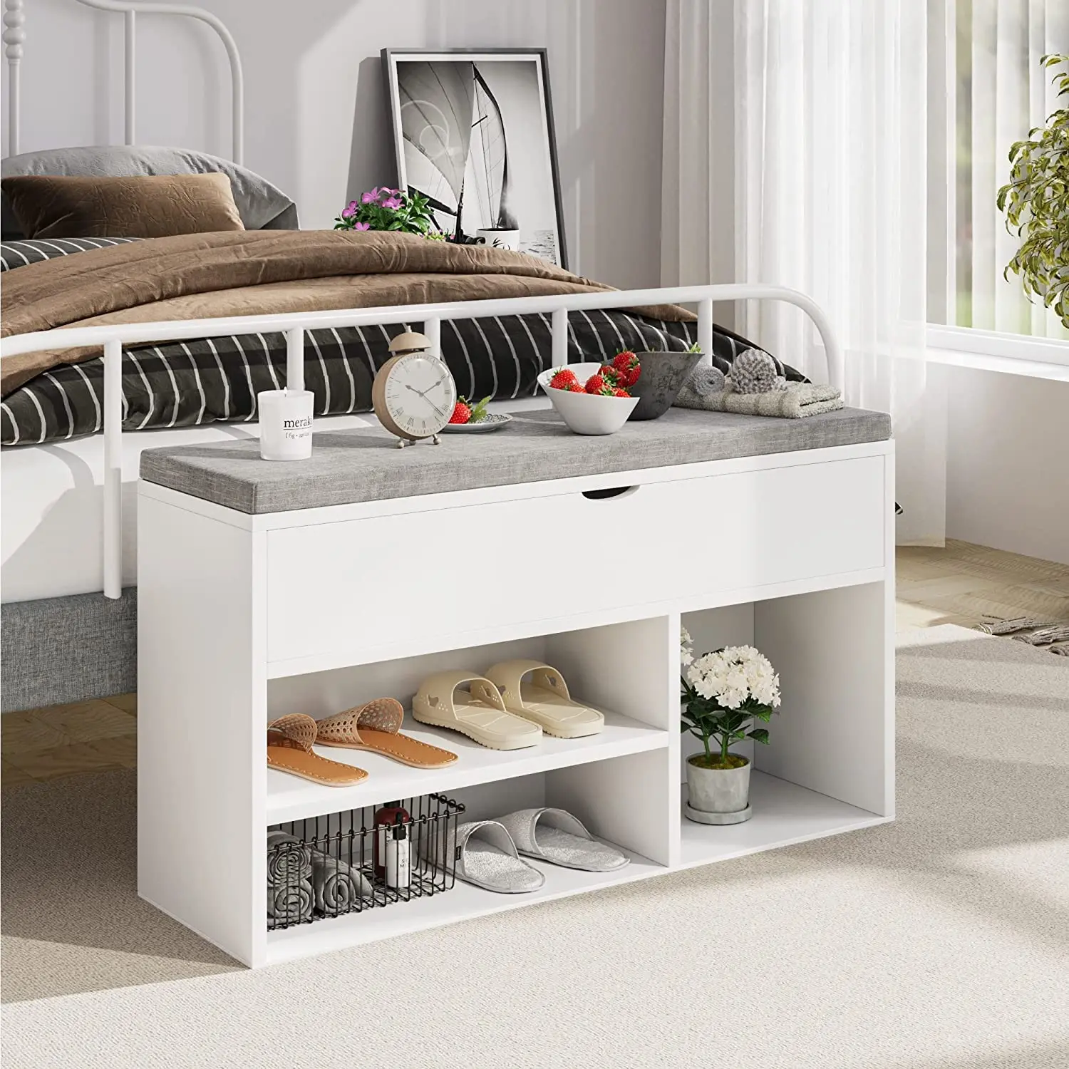 Shoe Bench with Padded Cushion, Shoe Storage Bench with 2 Tier Open Shoe Shelf, Wooden Shoe Bench for Entryway, 2-Tier Shoe Rack