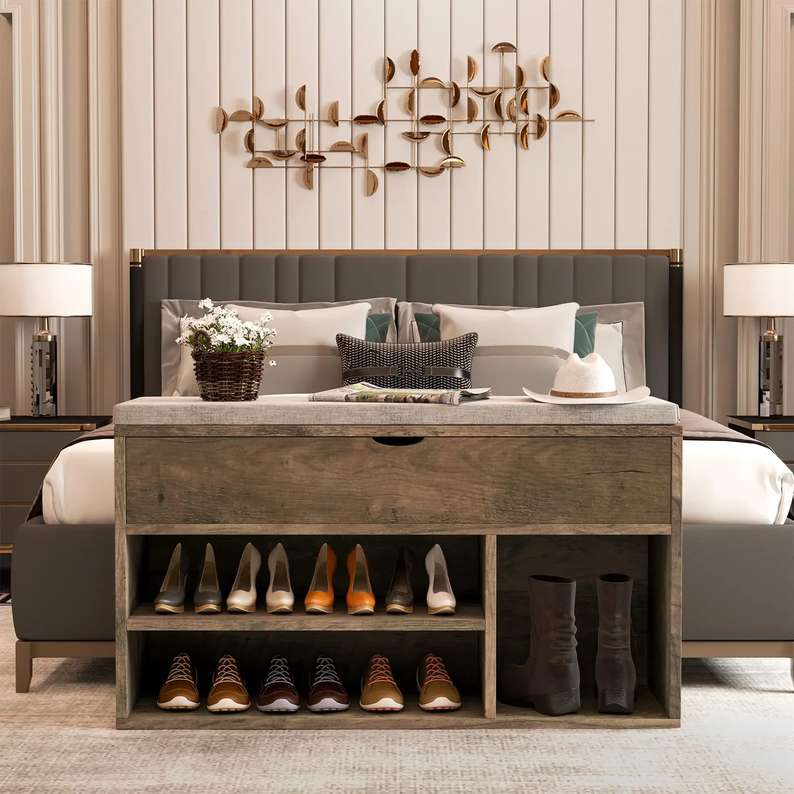 Shoe Bench with Padded Cushion, Shoe Storage Bench with 2 Tier Open Shoe Shelf, Wooden Shoe Bench for Entryway, 2-Tier Shoe Rack