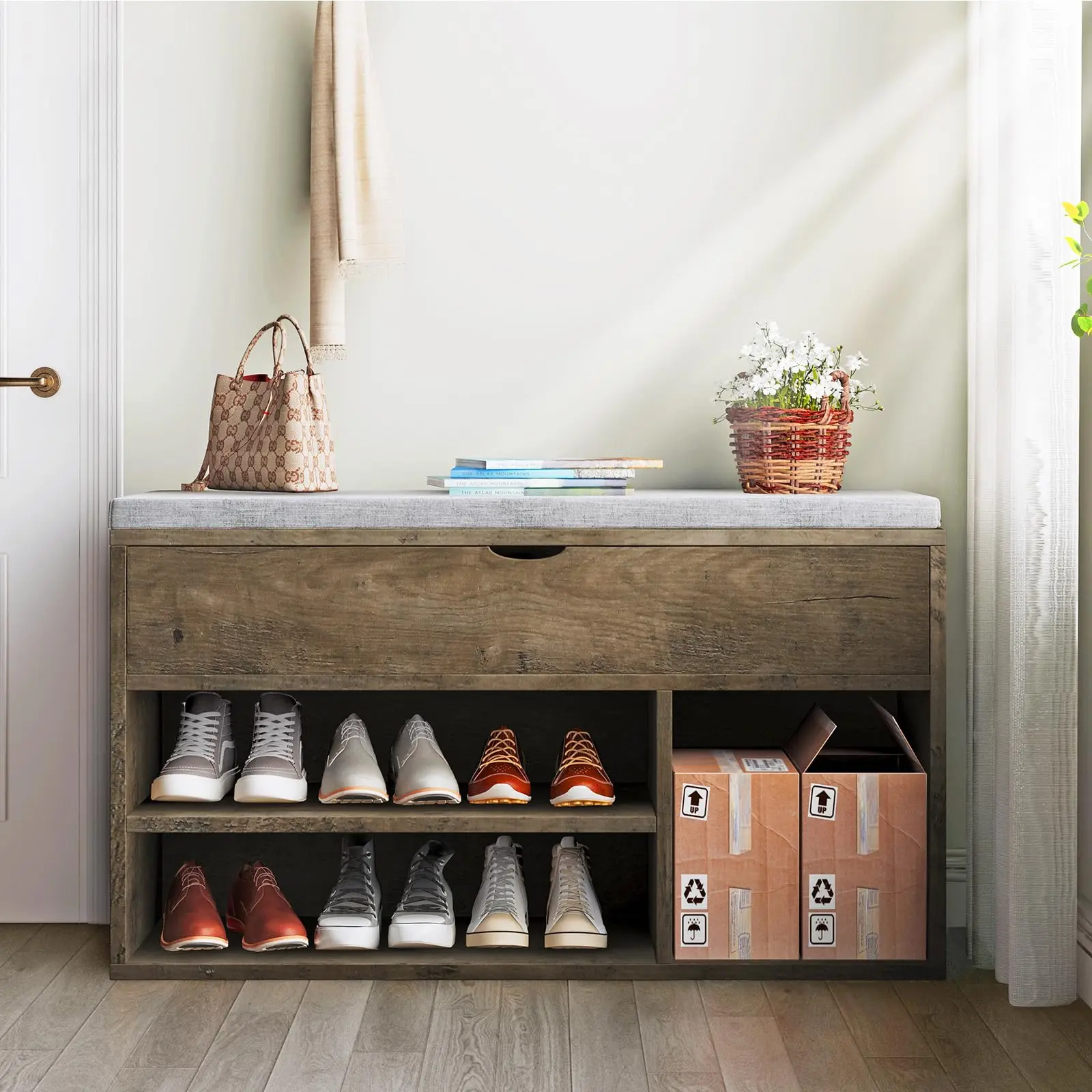 Shoe Bench with Padded Cushion, Shoe Storage Bench with 2 Tier Open Shoe Shelf, Wooden Shoe Bench for Entryway, 2-Tier Shoe Rack