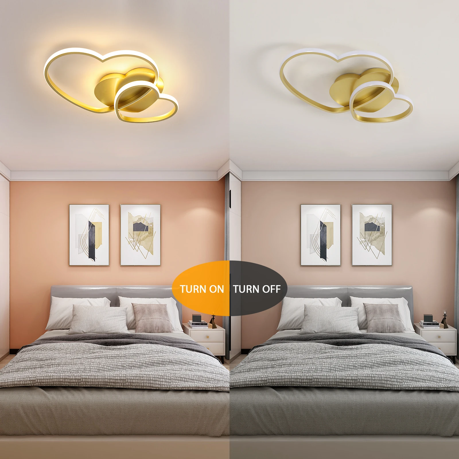 48W Heart Shape LED Ceiling Light Modern, Dimmable with Remote Control 3000K-6500K Ceiling Lamp Golden for Bedroom, Dining Room