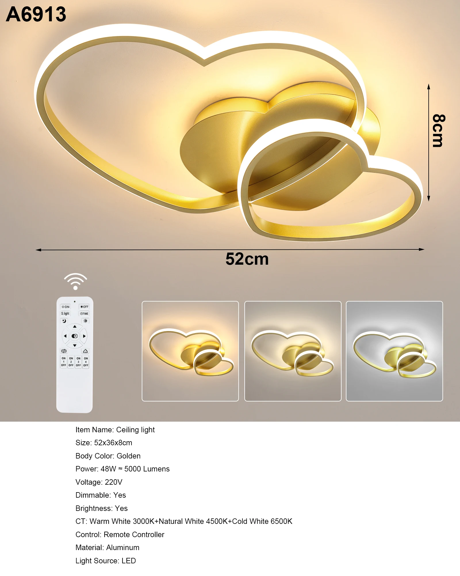48W Heart Shape LED Ceiling Light Modern, Dimmable with Remote Control 3000K-6500K Ceiling Lamp Golden for Bedroom, Dining Room