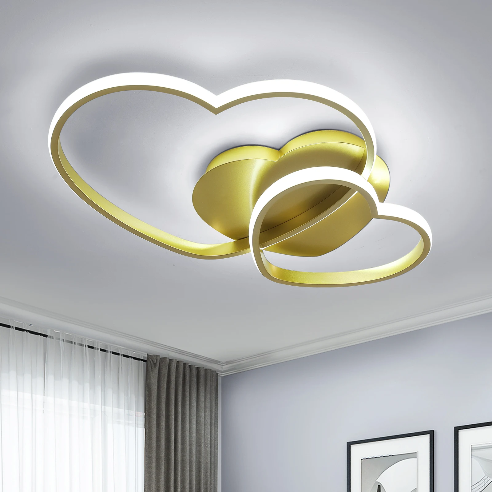 48W Heart Shape LED Ceiling Light Modern, Dimmable with Remote Control 3000K-6500K Ceiling Lamp Golden for Bedroom, Dining Room