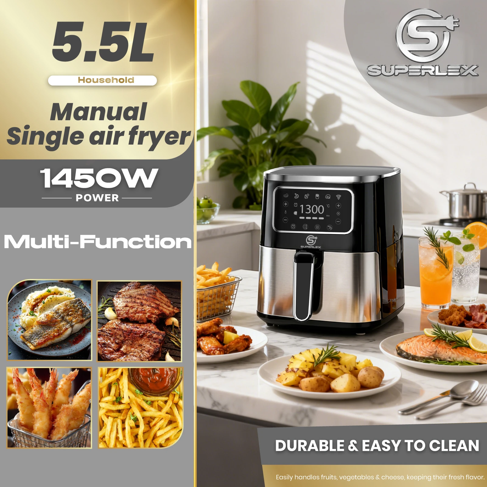 SUPERLEX 5.5L Digital Air Fryer 1450W Oil Free Air Fryer, Touch Screen Multiple Preset Programmes, Adjustable Time & Temperature, Non-Stick Dishwasher Safe Basket for Healthy Home Cooking