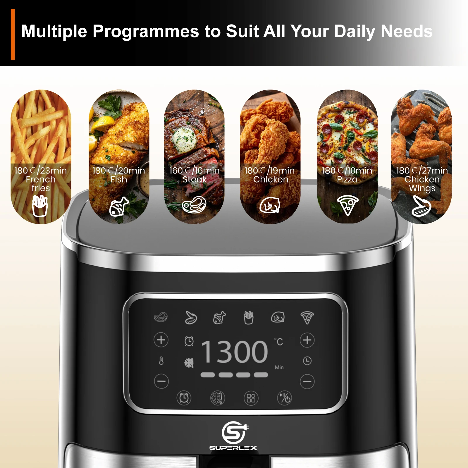 SUPERLEX 5.5L Digital Air Fryer 1450W Oil Free Air Fryer, Touch Screen Multiple Preset Programmes, Adjustable Time & Temperature, Non-Stick Dishwasher Safe Basket for Healthy Home Cooking