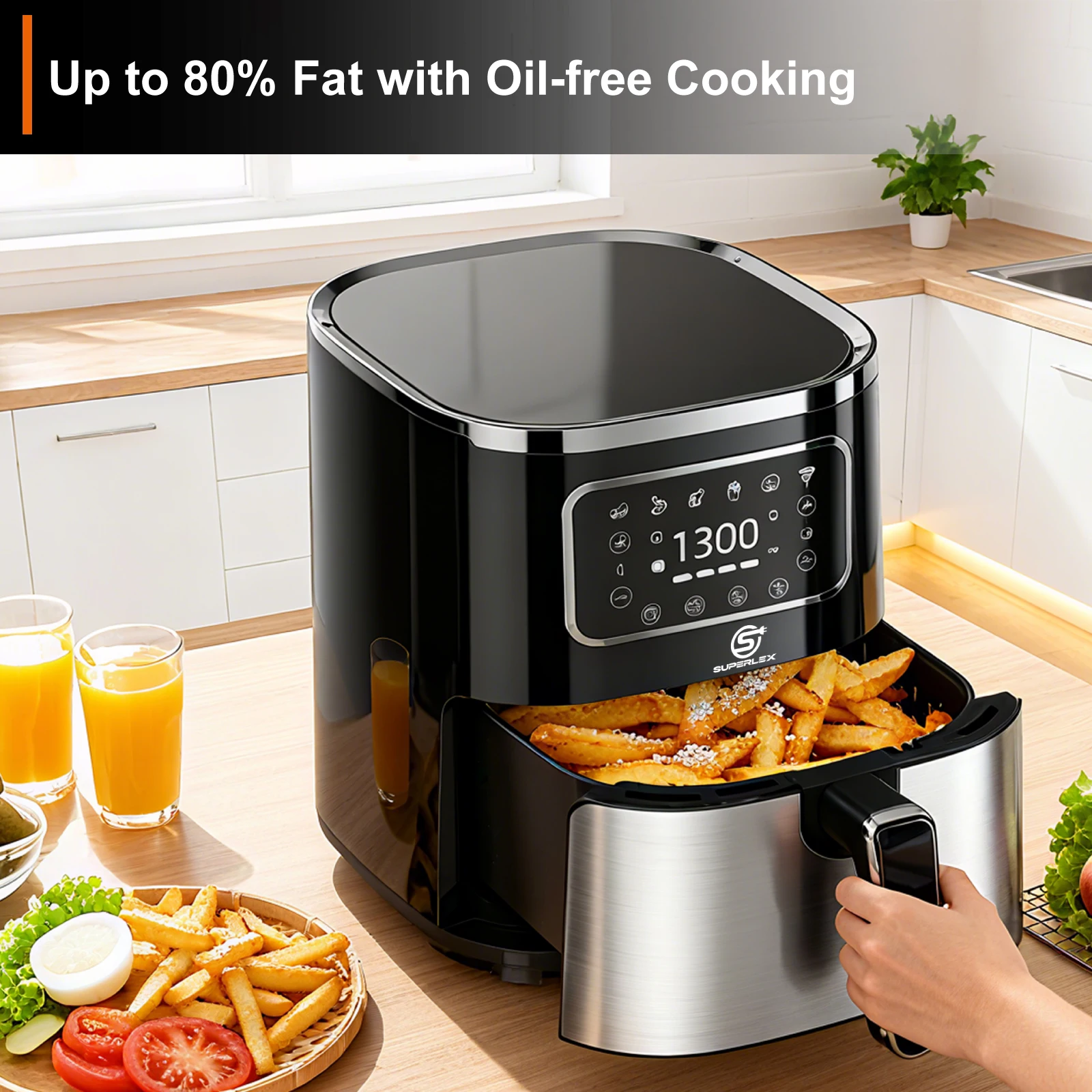 SUPERLEX 5.5L Digital Air Fryer 1450W Oil Free Air Fryer, Touch Screen Multiple Preset Programmes, Adjustable Time & Temperature, Non-Stick Dishwasher Safe Basket for Healthy Home Cooking