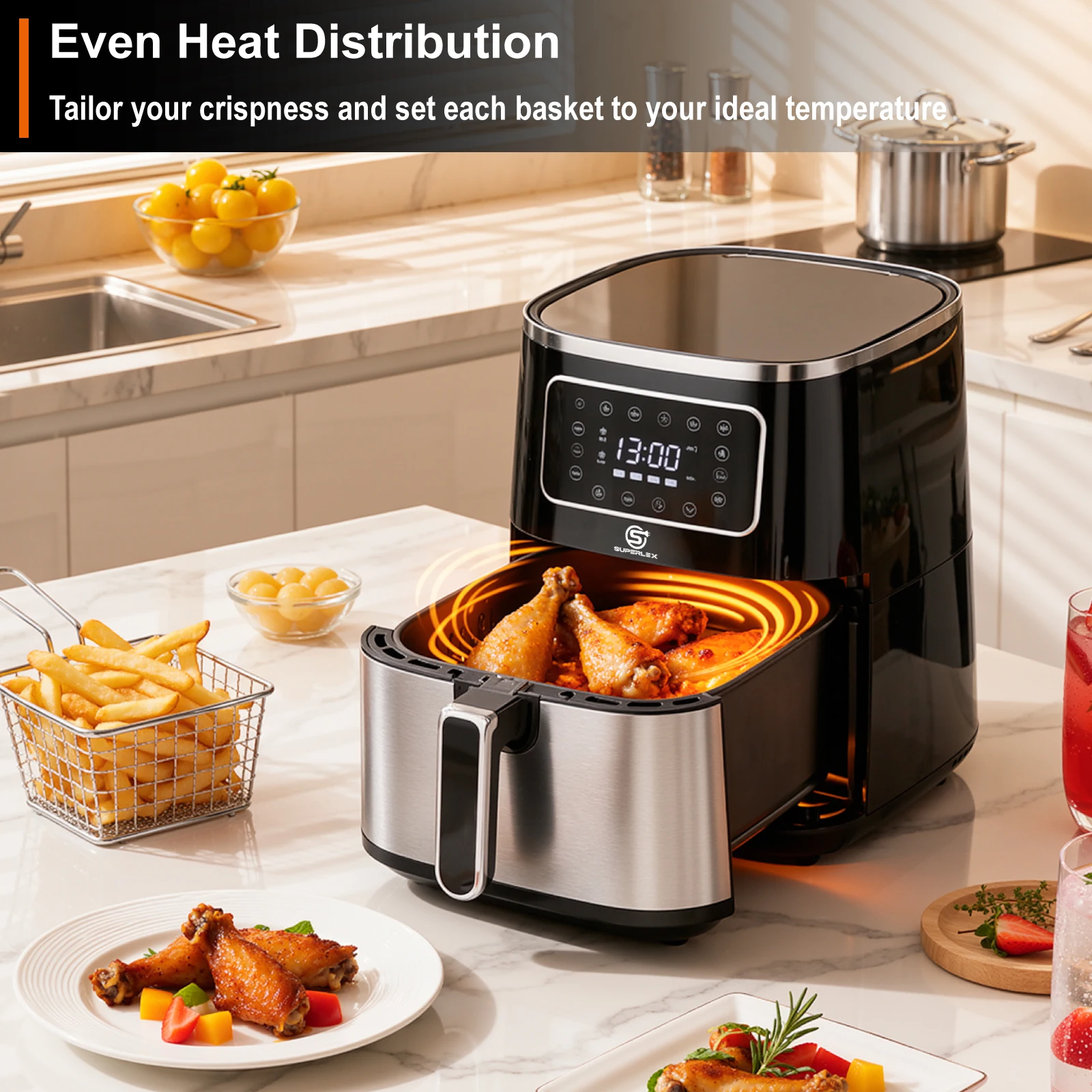 SUPERLEX 5.5L Digital Air Fryer 1450W Oil Free Air Fryer, Touch Screen Multiple Preset Programmes, Adjustable Time & Temperature, Non-Stick Dishwasher Safe Basket for Healthy Home Cooking